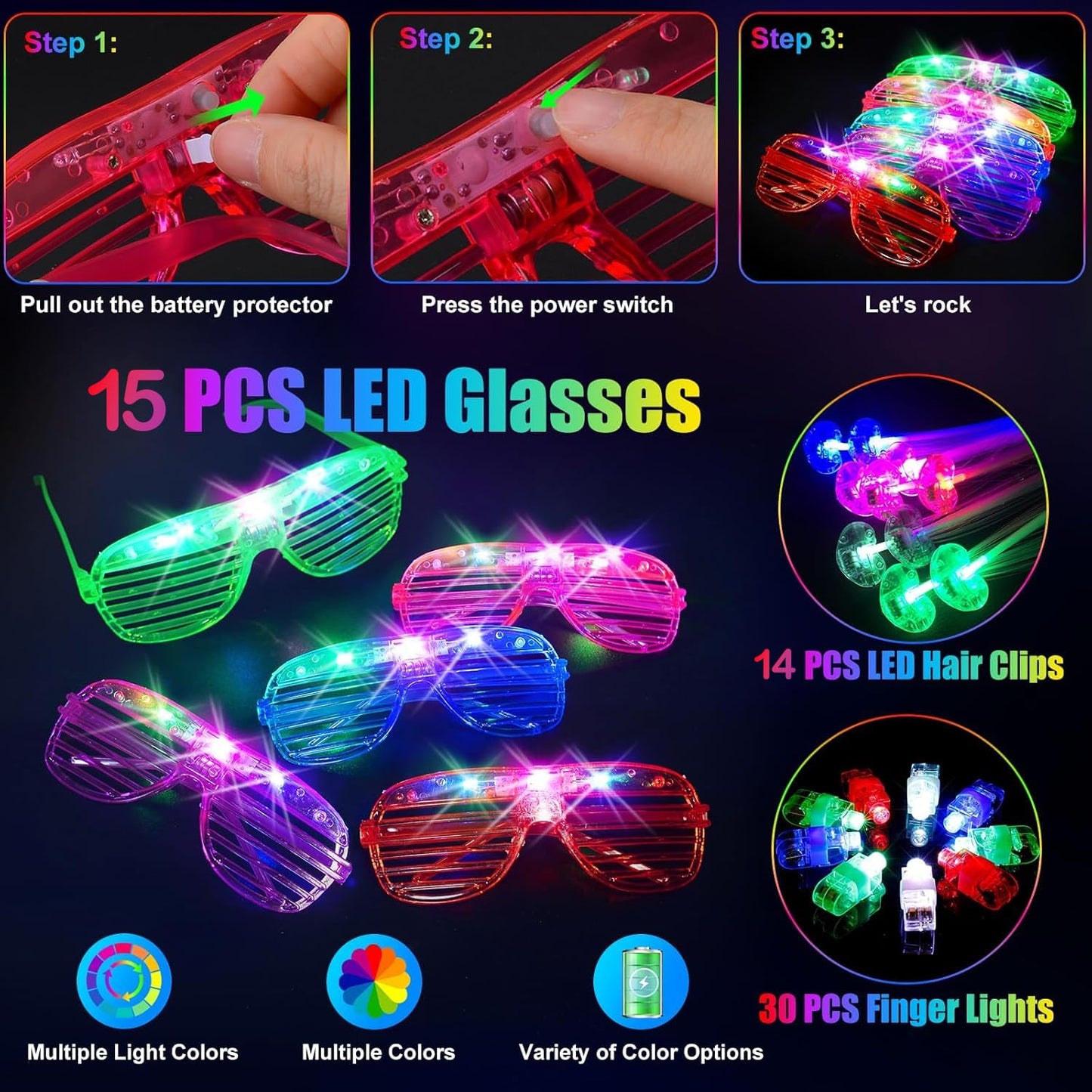 159 PCS Glow in the Dark Party Supplies, 14PCS LED Glasses, 30LED Finger Lights, 15LED Light Hairs and 100PCS Mixed Colors Glow Sticks Bracelets for Halloween, Christmas, Birthday, Glow Party, Wedding