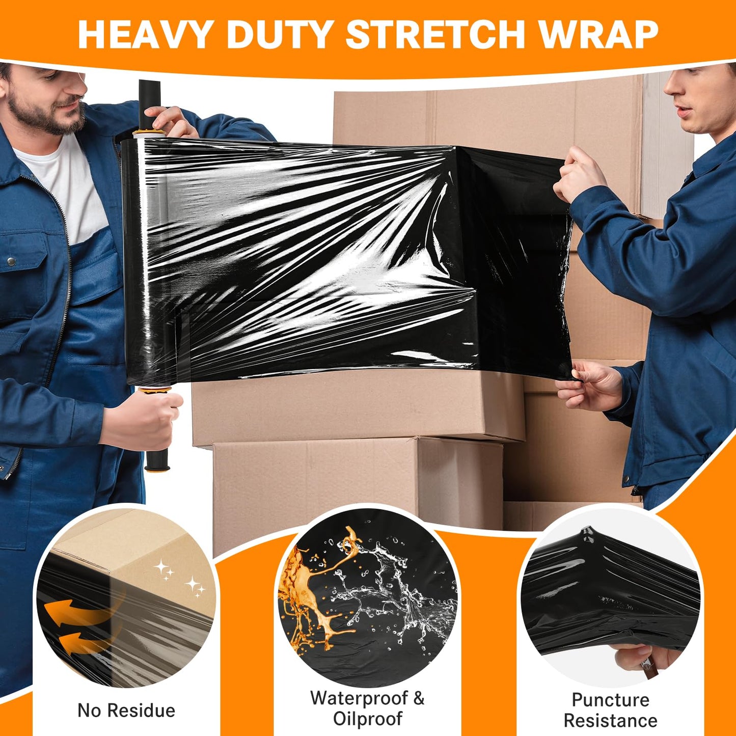 Origuuds Stretch Film, 80 Gauge Stretch Wrap with Handles, Industrial Strength Plastic Wrap for Moving, Pallet Wrap, Luggage, Furniture Wrapping, Packing (Black/15 Inch x 1000 Feet, 2 Roll)