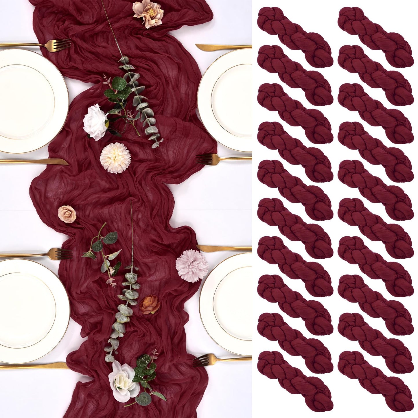 20 Pack Burgundy Table Runner 10FT Long Cheesecloth Table Runner Cheese Cloth Gauze for Wedding Party Birthday Decoration-Burgundy