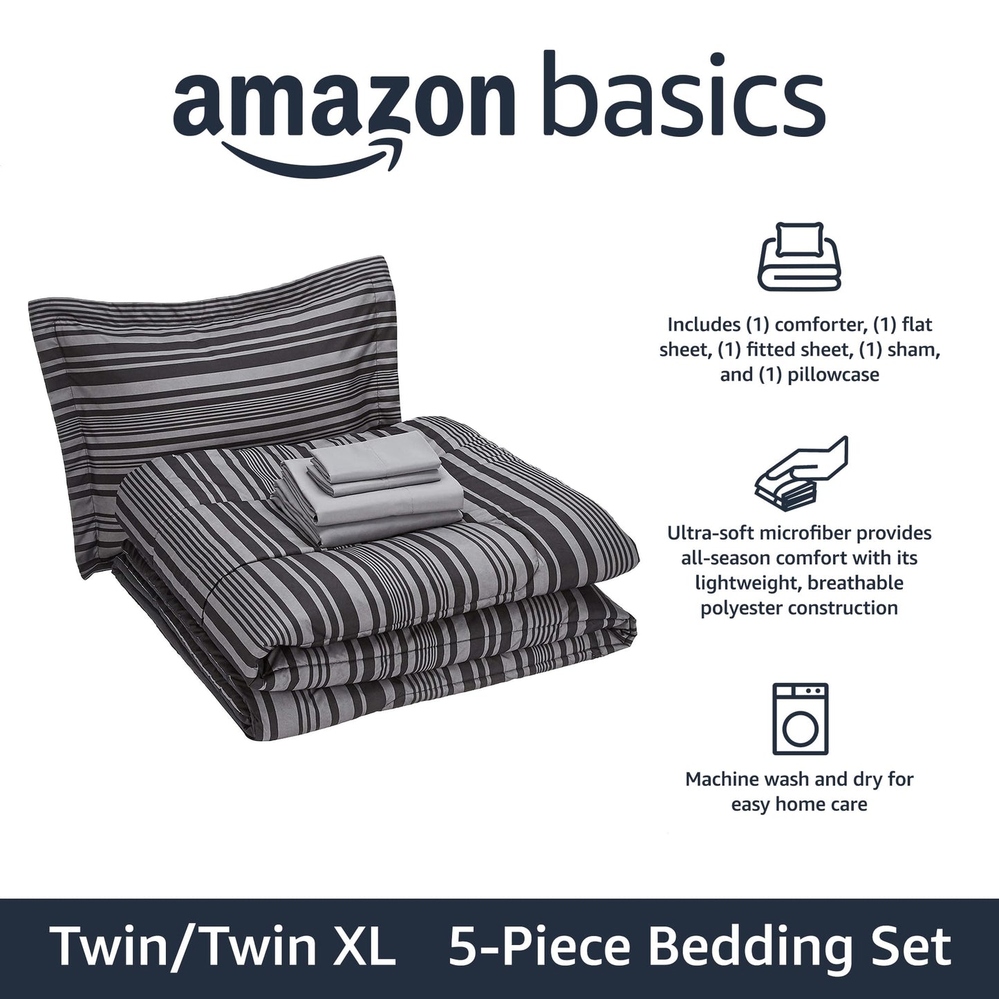 Amazon Basics 5-Piece Lightweight Microfiber Bed-in-a-Bag Comforter Bedding Set - Twin/Twin XL, Gray Calvin Stripe
