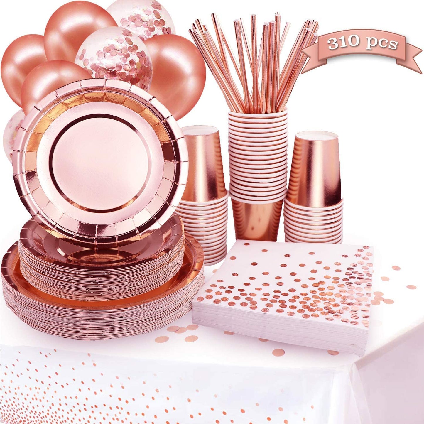 310PCS Rose Gold Party Supplies - Disposable Paper Plates Dinnerware Set Rose Gold Dots 50 Dinner Plates 50 Dessert Plates 50 Cups 50 Napkins 50 Straws 60 Balloons Birthday Party Wedding Holiday