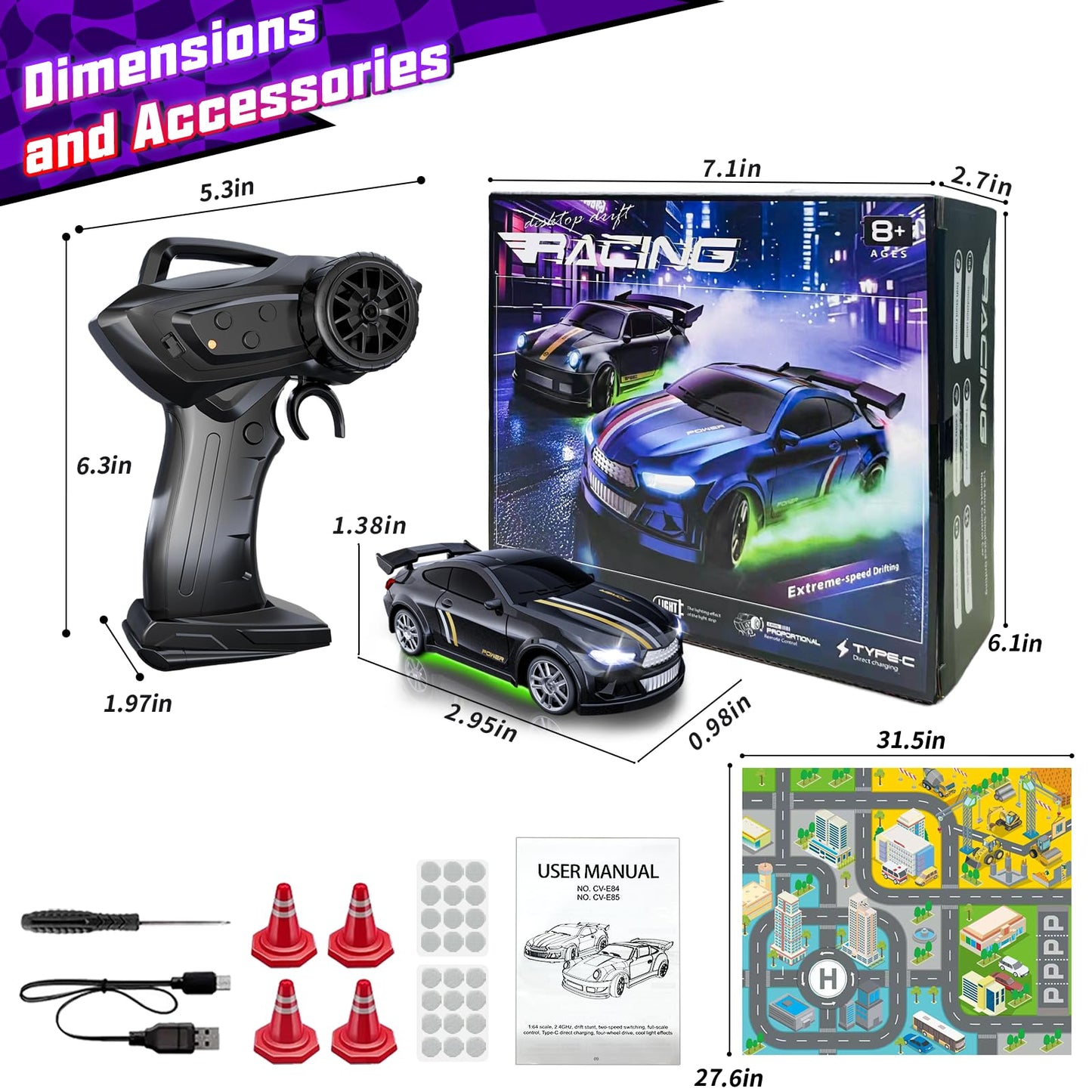 Mini RC Drift Car 1:64 Scale, Remote Control Car with LED Lights & 2-Speed Modes, 2.4GHz Stunt Drifting RC Toys with 4 Obstacles & Track Mat, Hobby Gift for Kids & Adults, Black