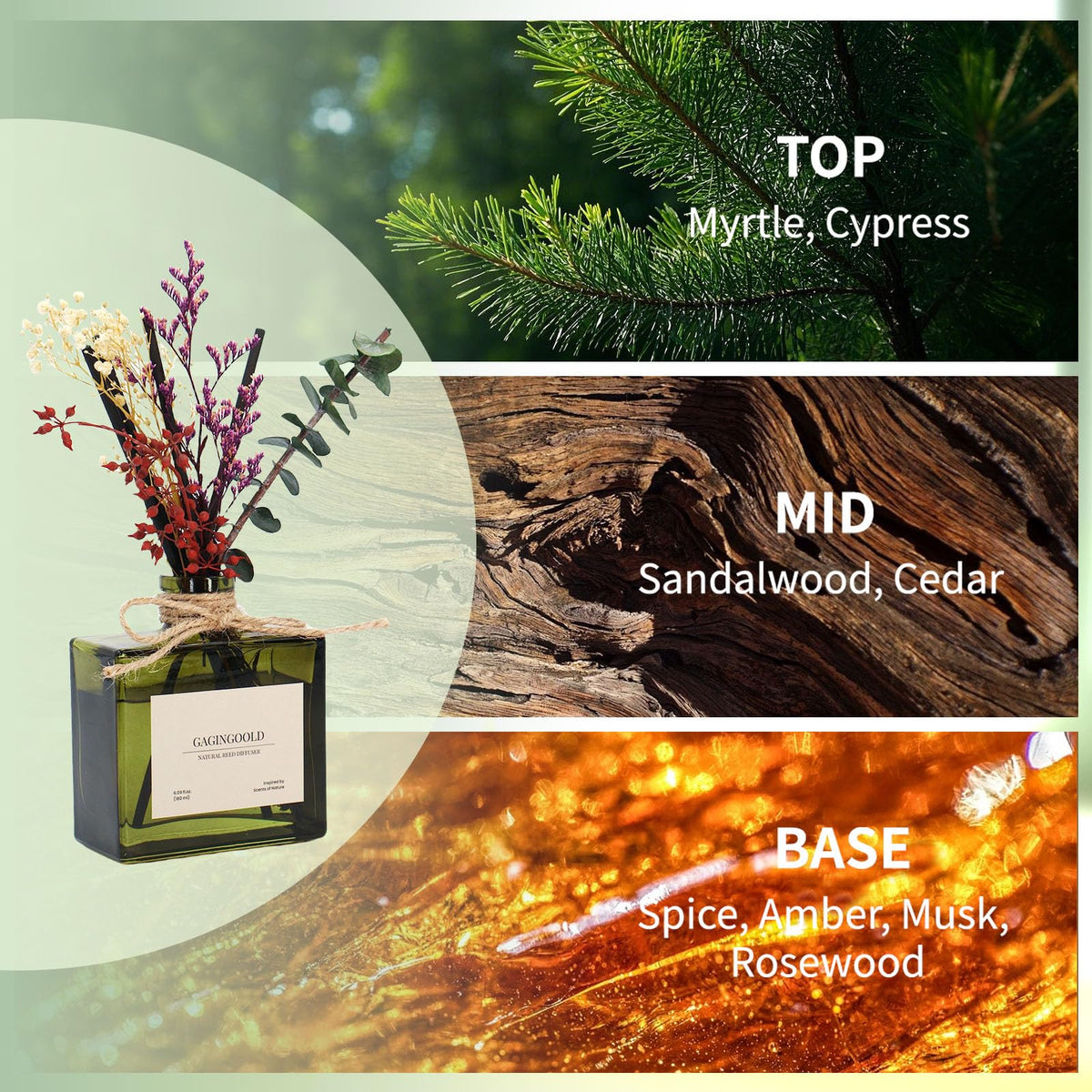 GAGINGOOLD Sandalwood Reed Diffuser, 180 ML Aromatherapy Diffuser with Dried Flowers, Premium Scented Fragrance for Home Decor Gift with 10 Natural Sticks, Long-Lasting Fragrance Up to 120 Days