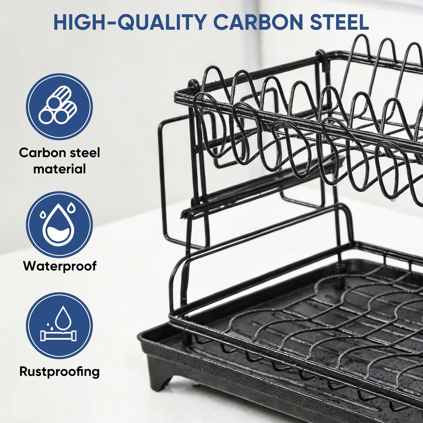 Veinvify 2 Tier Dish Drying Rack Carbon Steel Screw Free with Drainage Board Kitchen Counter Plate Bowl Utensil Holder Space Saving Black