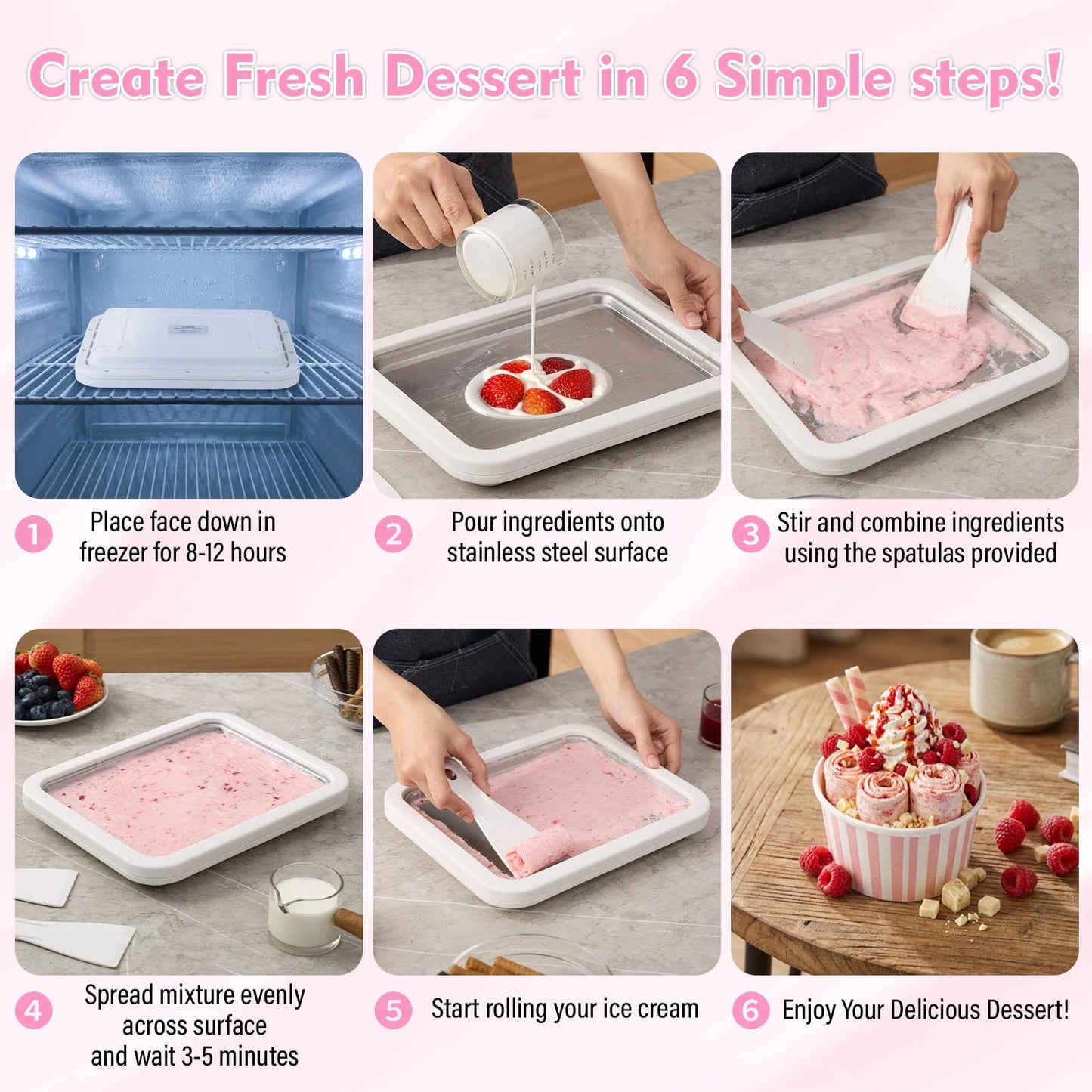 Premium Rolled Ice Cream Maker Kit with Recipe Book, Stainless Steel Freeze Tray, 2 Food Grade Spatulas & Gift Ready Packaging. Electricity-free Homemade Instant Ice Cream Roll Maker