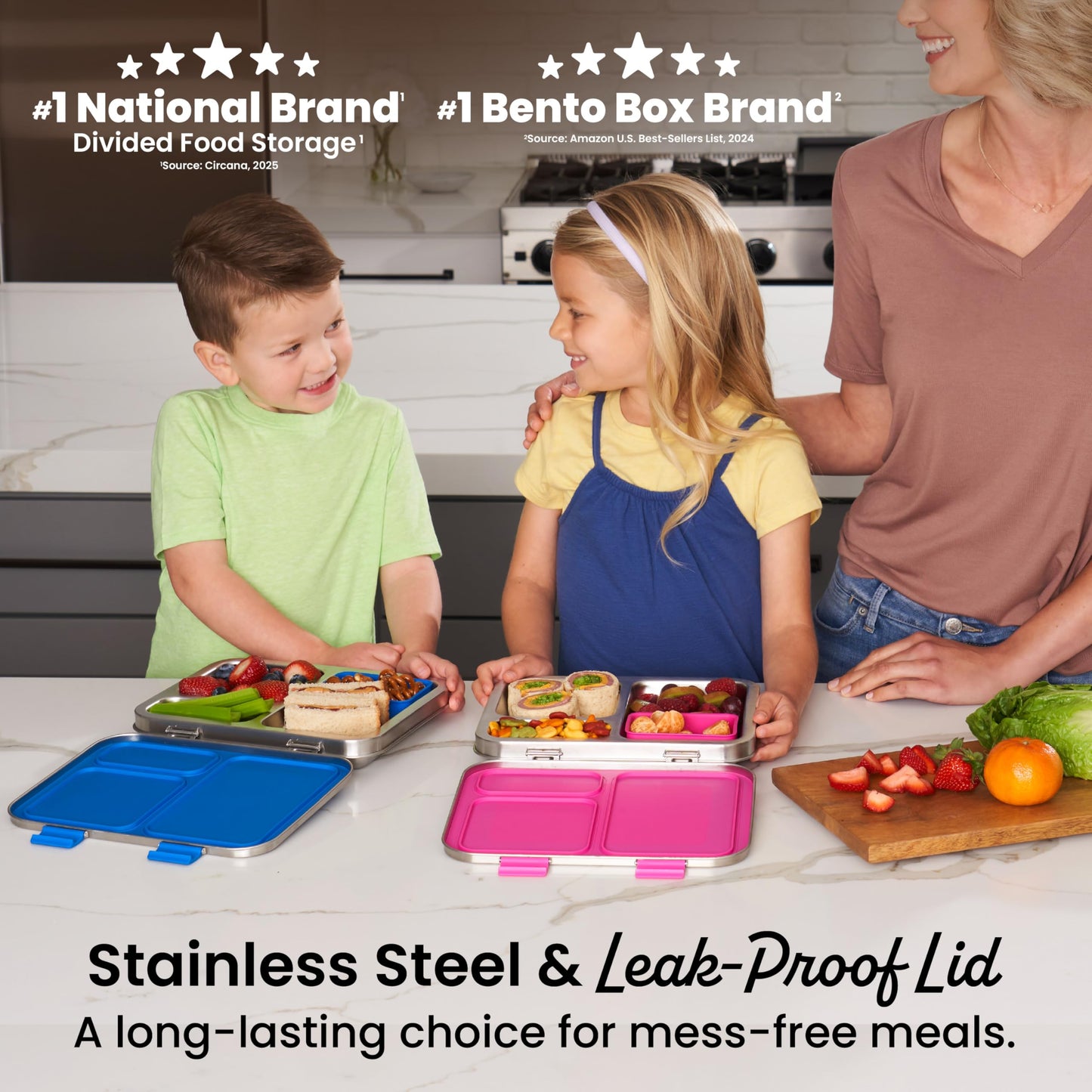 Bentgo® Kids Stainless Steel Leak-Resistant Lunch Box - Bento-Style Redesigned in 2022 w/Upgraded Latches, 3 Compartments, & Extra Container - Eco-Friendly, Dishwasher Safe, Patented Design (Blue)