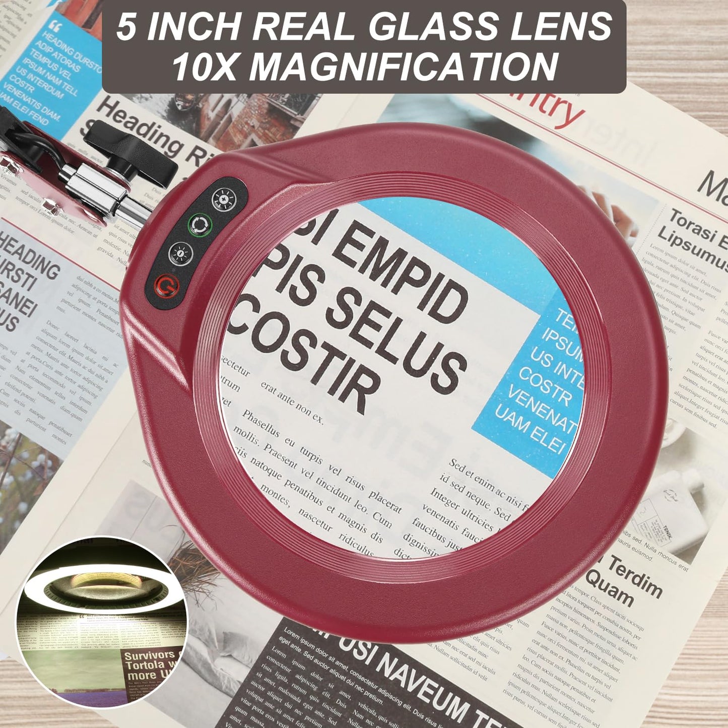 5 Inch Large Magnifying Glass with Light and Stand, 5 Color Modes Stepless Dimmable, Long Swivel Arm LED Clamp Desk Lamp, Hands Free 10X Lighted Magnifier for Close Work Craft Hobby Soldering - Red