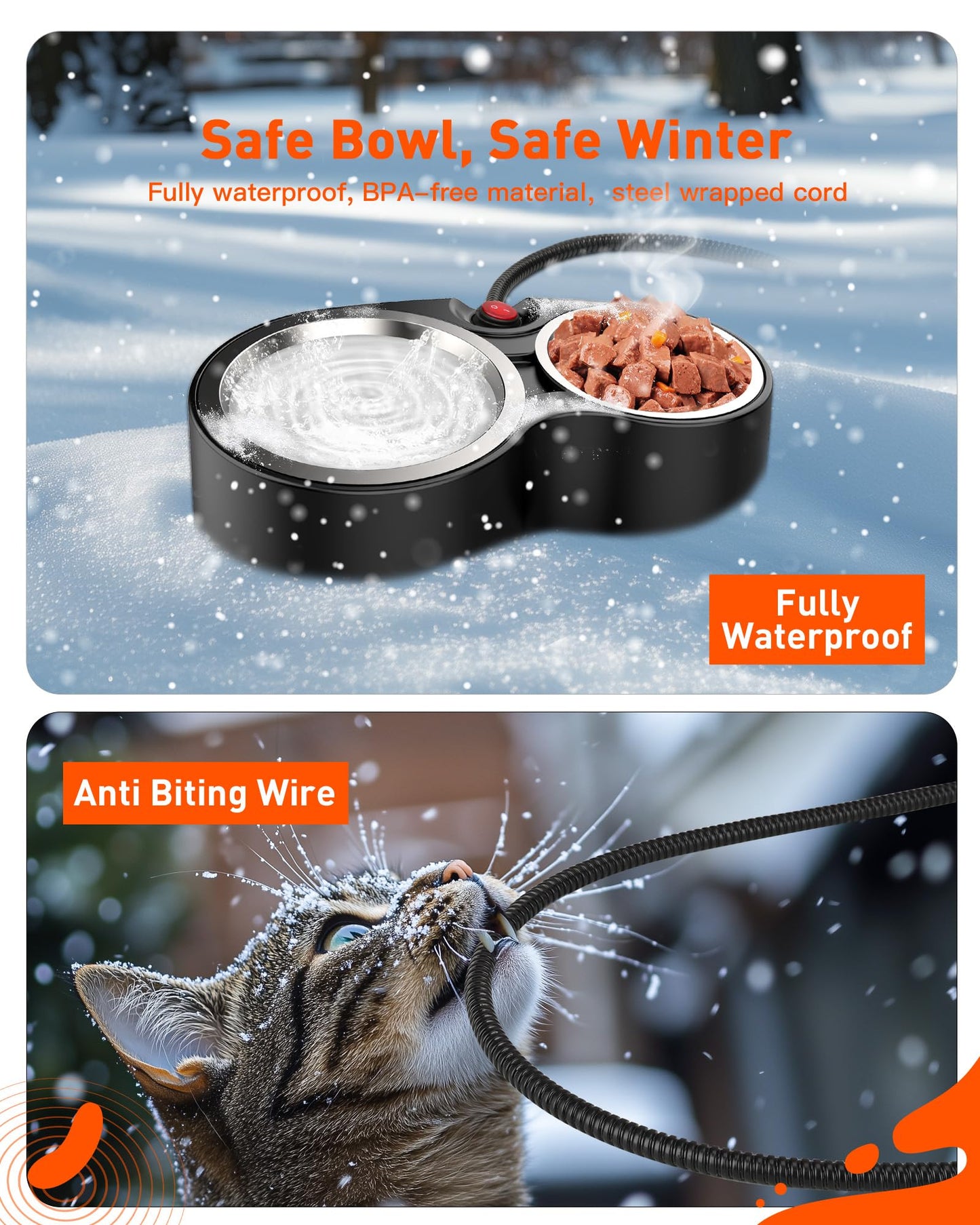SwSun Heated Cat Bowl for Food & Water, Double Heating Cat Bowls Outdoor Heated Pet Bowl with 2 Stainless Steel Cat Bowls Heated Water Bowl for Feral Cat Feeding Station in Winter