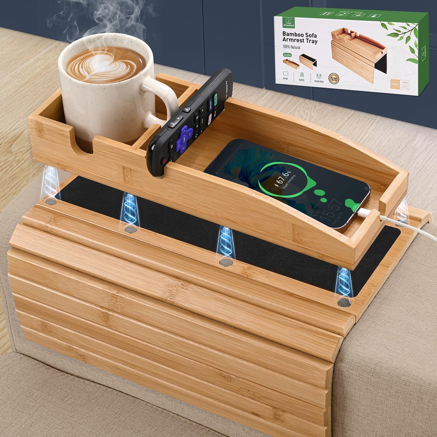 Joy&Grace Couch Arm Tray, 3-in-1 Magnetic Detachable Couch Cup Holder, Bamboo Sofa Armrest Table with Anti-Slip Pad, Sofa Armrest Tray Table (Color Natural)