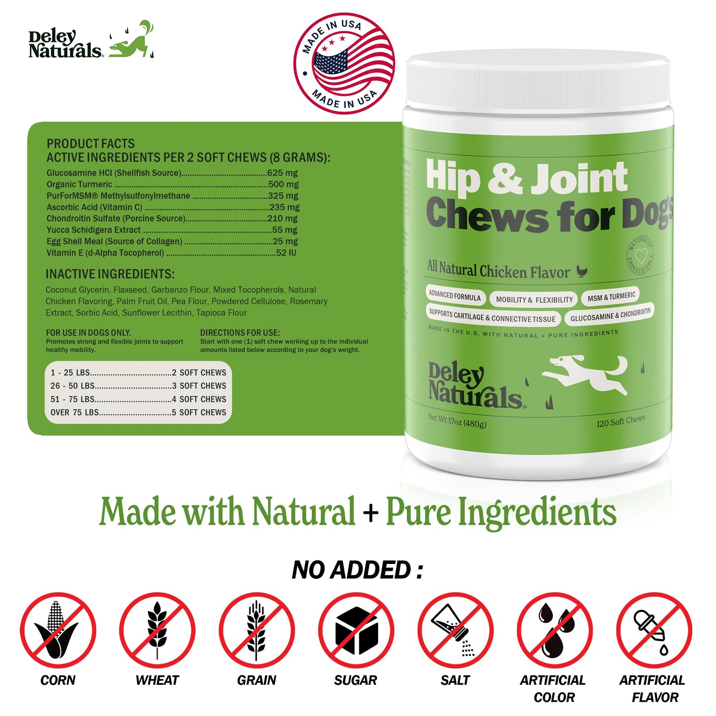Deley Naturals Dog Hip and Joint Supplement - MSM with Glucosamine Chondroitin and Collagen for Dogs - Hip and Joint Supplement for Dogs Advanced Arthritis Relief - 120 Soft Chews Dog Supplements