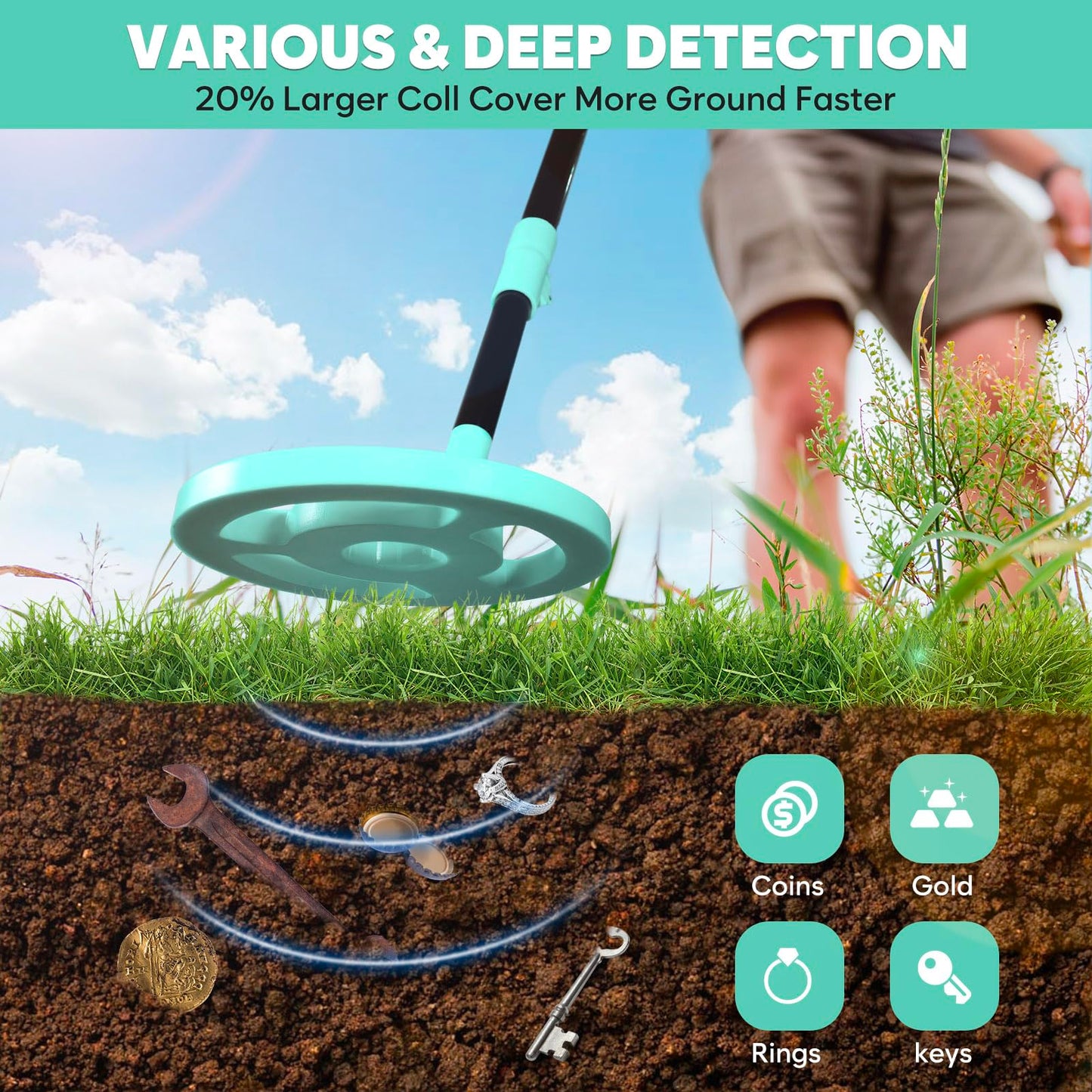 Metal Detector for Kids, iTayga Adjustable Kids Metal Detector(24"-35"), High Accuracy Coil Professional Waterproof Foldable Metal Detector, Very Lightweight(Only 0.88 Pouds) for Junior & Youth,Blue