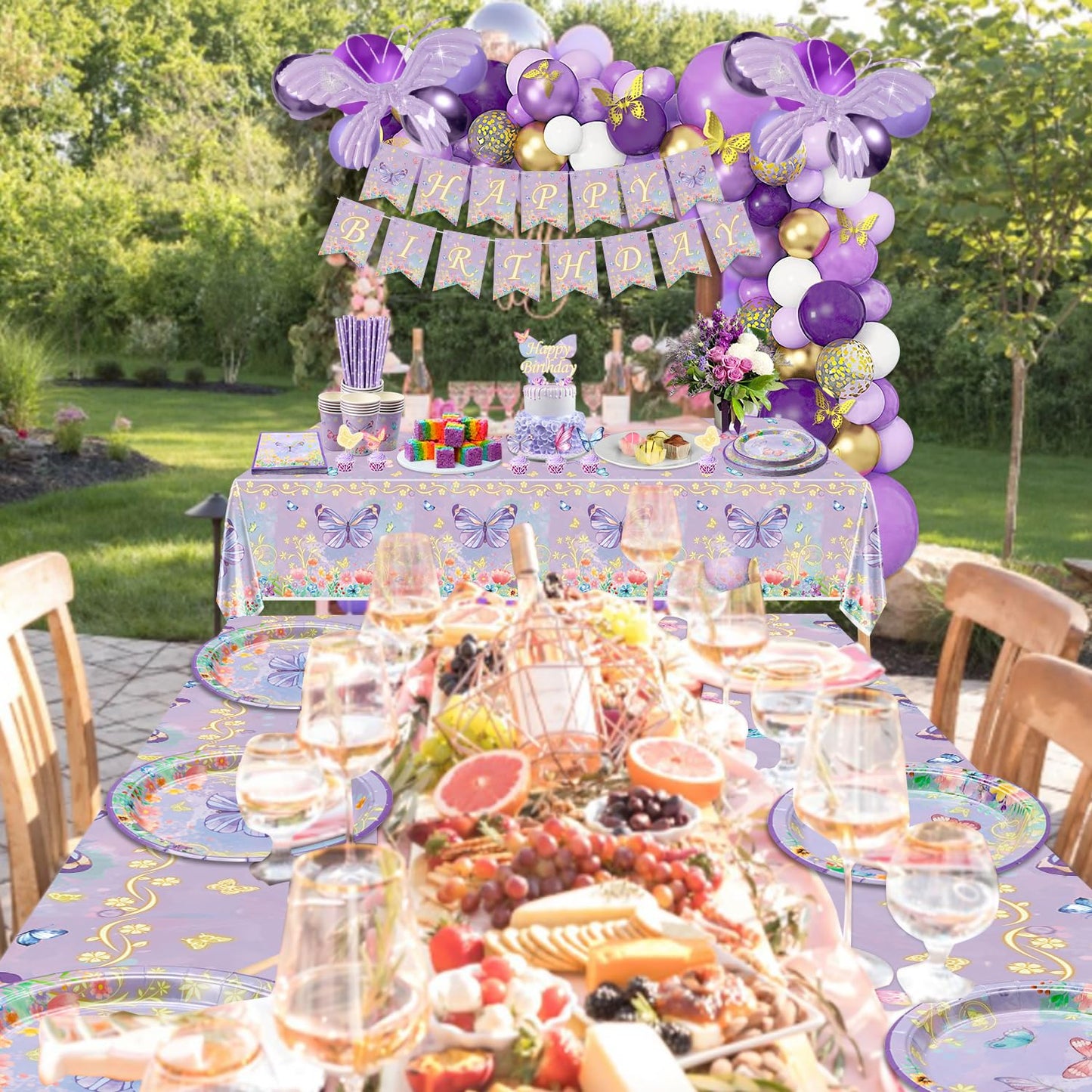 213 Pcs Purple Butterfly Decorations - Include Plates, Cups, Tablecloth, Balloon, Birthday Banner, Butterfly Stickers, Fairy Wing Set for Princess Fairy Birthday Decorations Supplies