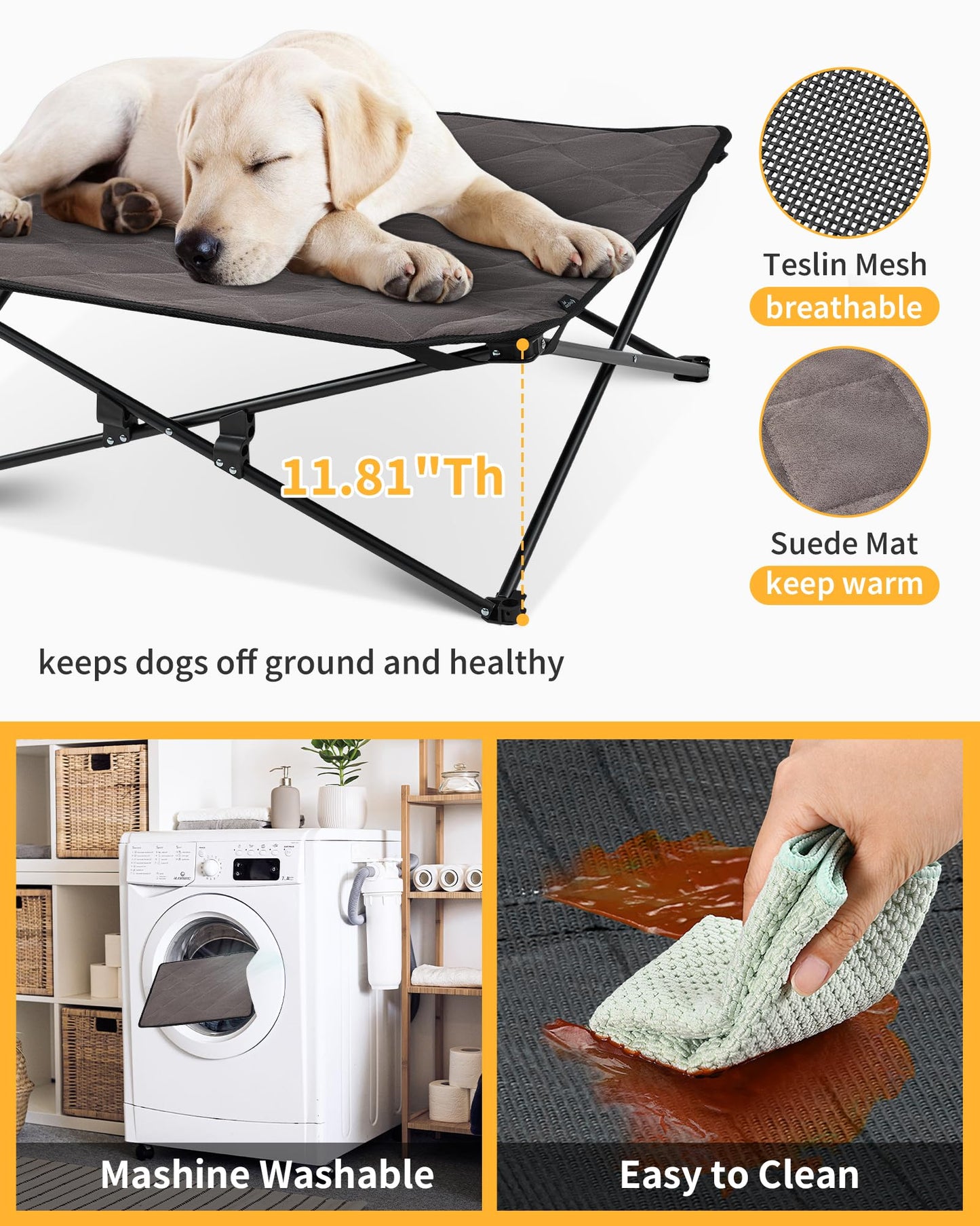 KingCamp Elevated Dog Bed for Medium Dogs, Raised Outdoor Indoor Portable Cooling Cot Lifted Pet Hammock off Ground with Washable Breathable Mesh & Frame with Non Slip Foot for Camping Backyard, Black