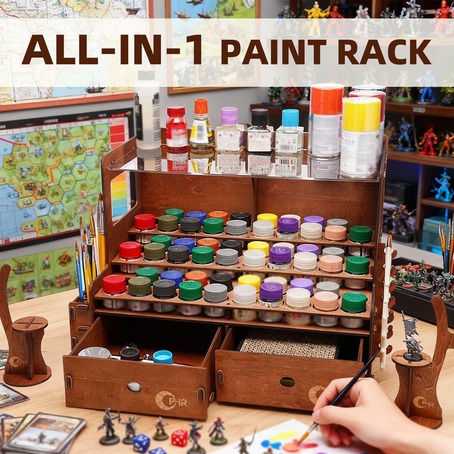 OPHIR Paint Organizer for 60 Bottles and 32 Brushes, Wooden Miniature Paint Rack with 2 Painting Brush Holder, 2 Painting Handles, 2 Drawers for Acrylic Paints Storage, Holes Dia.1.42 Inches