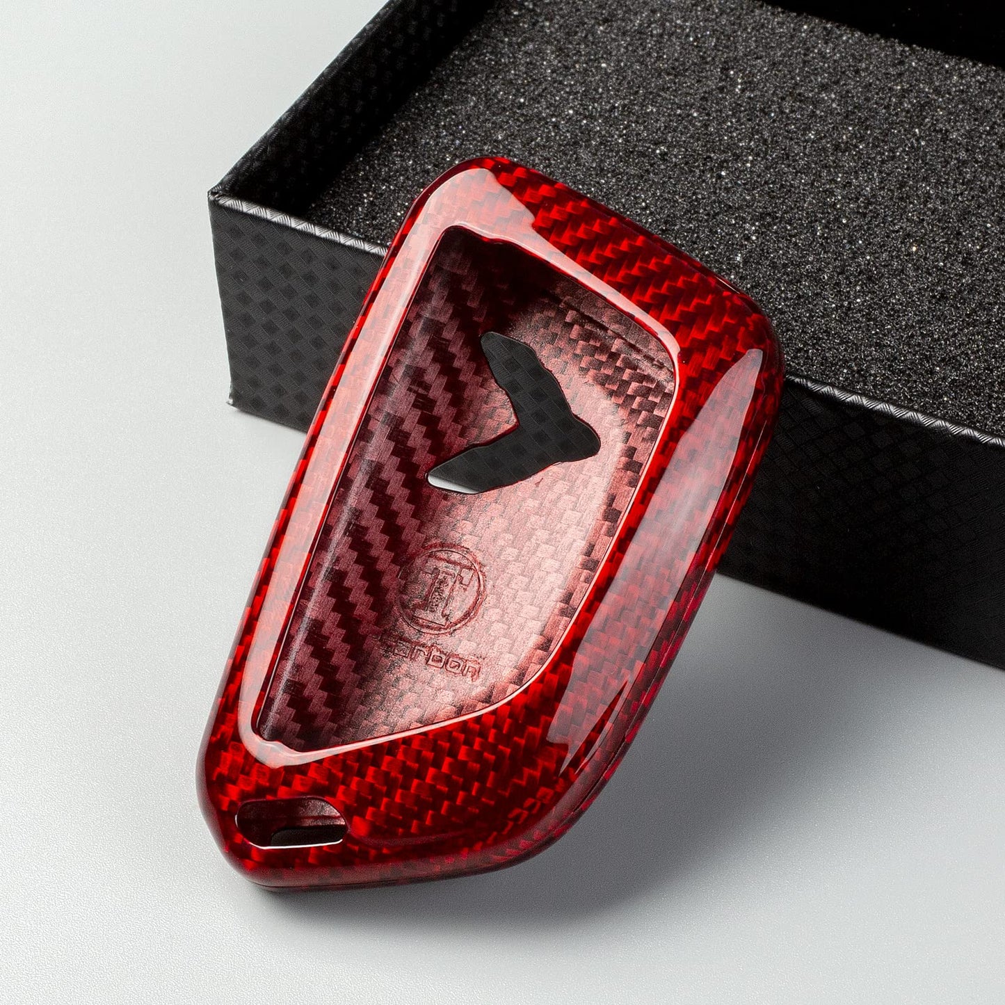 T-carbon Real Glass Fiber Key Fob Cover Compatible with Corvette C8 Z51 Z06 Key Fob Protector Compatible with Stingray Corvette C8 2020 2021 2022 2023 2024 2025 Smart Key Case(Red)