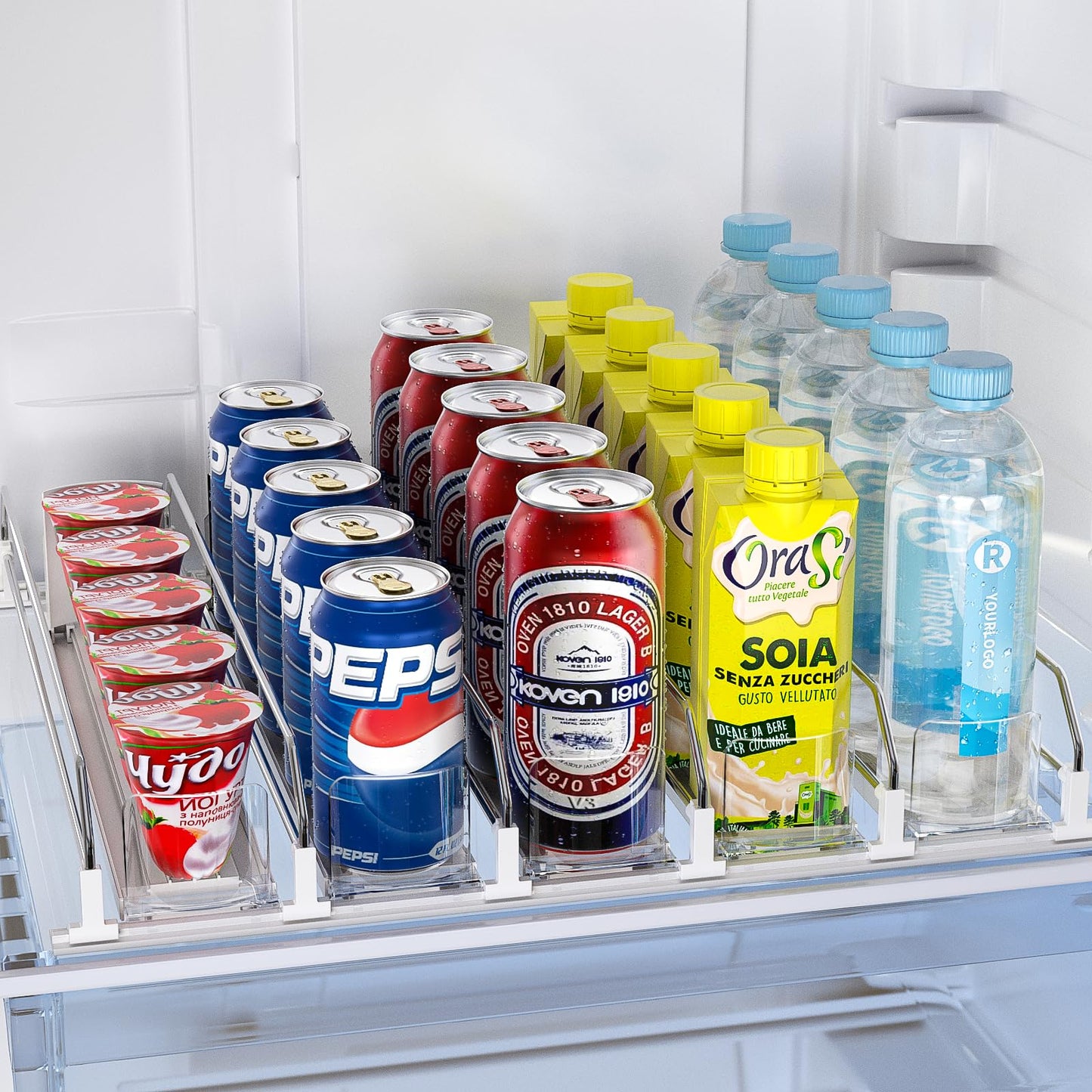 Soda Can Dispenser for Refrigerator,Self-Pushing Drink Organizer for Fridge, Width Adjustable Fridge Organization, Beer Pop Can Water Bottle Drink Dispenser for Fridge (15.1"D) White (White, 6 Row)
