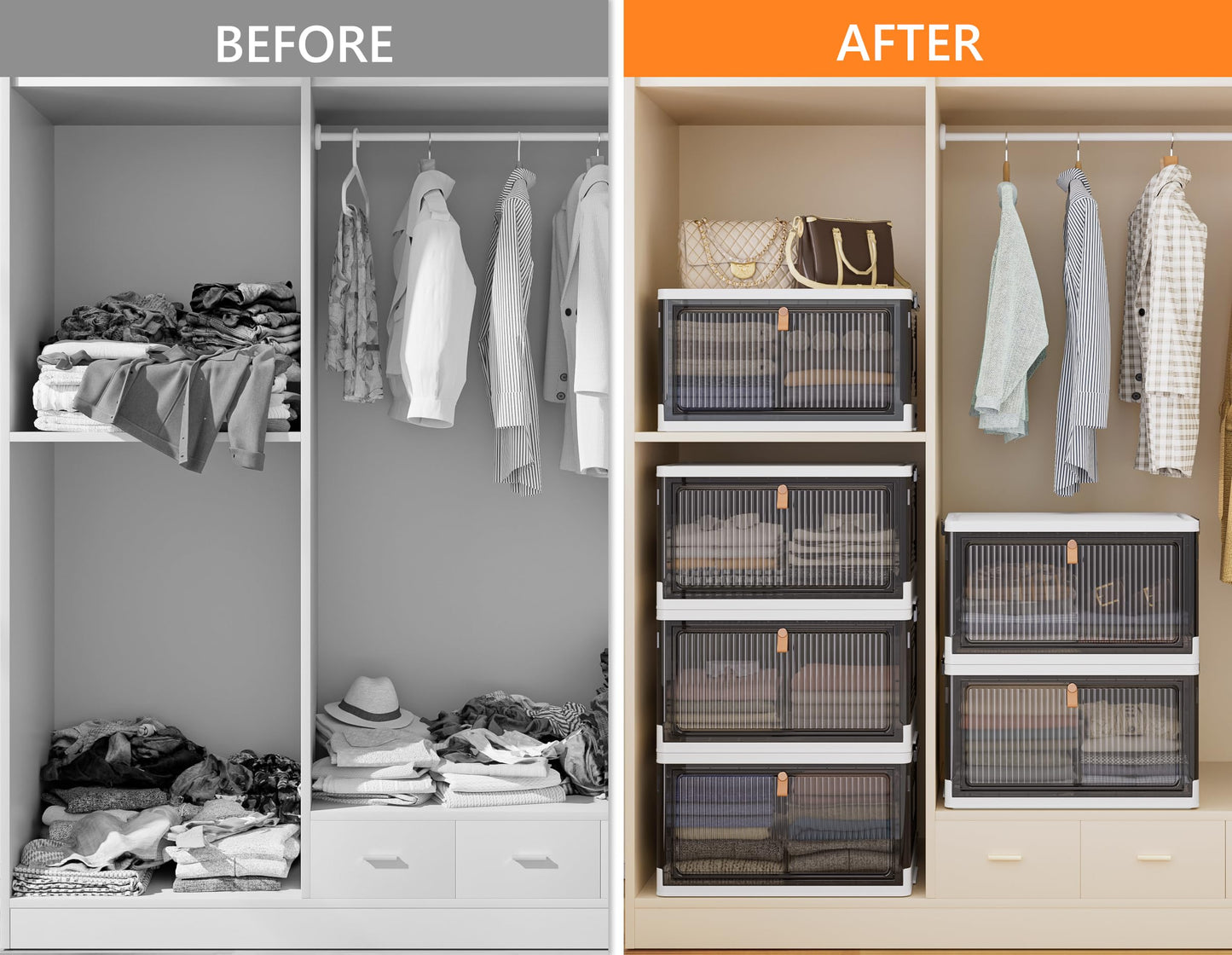 HOMIDEC Closet Organizers, 3 Tiers with a Top Lid, Wardrobe Closet with Wheels, Closet Organizers and Storage for Clothes, Stackable Closet Storage Bins, for Living Room, Bedroom, Dove Gray 33L*3 Pack