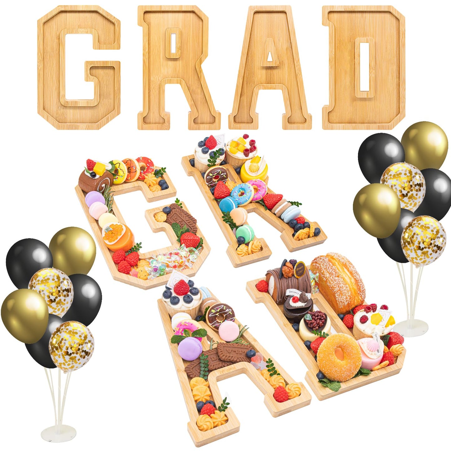 4PCS Wooden Graduation Decorations Number Charcuterie Board Box-(with 14 Balloons) Grad Charcuterie Numbers Fillable Food Graduation Party Supplies Suitable for 2026 Party Decoration