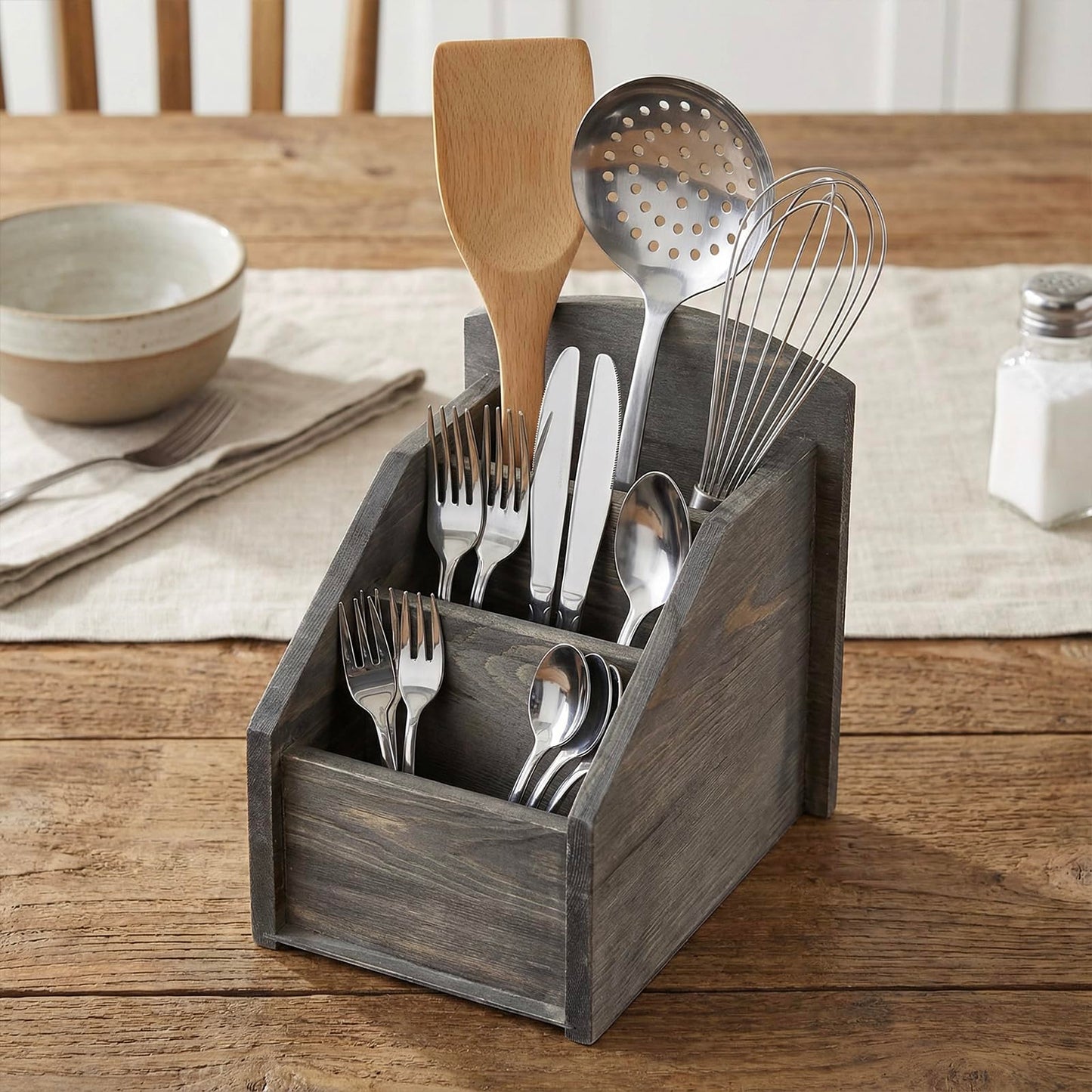 MyGift Rustic Dark Gray Wood 3-Slot Remote Control Holder Organizer Caddy, TV Remote Media Remote Storage Box for Living Room