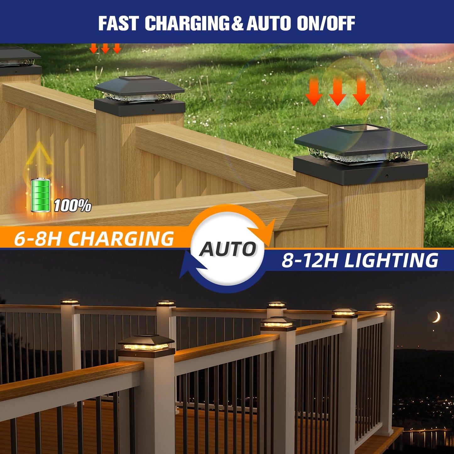 APONUO 4x4 Solar Post Caps Lights, Fence Post Solar Lights Warm White Outdoor Waterproof Garden Patio Fence Deck Decor, Post Cap Solar Light for Fence Deck Post 4x4 Wood Vinyl, Black 6 Pack