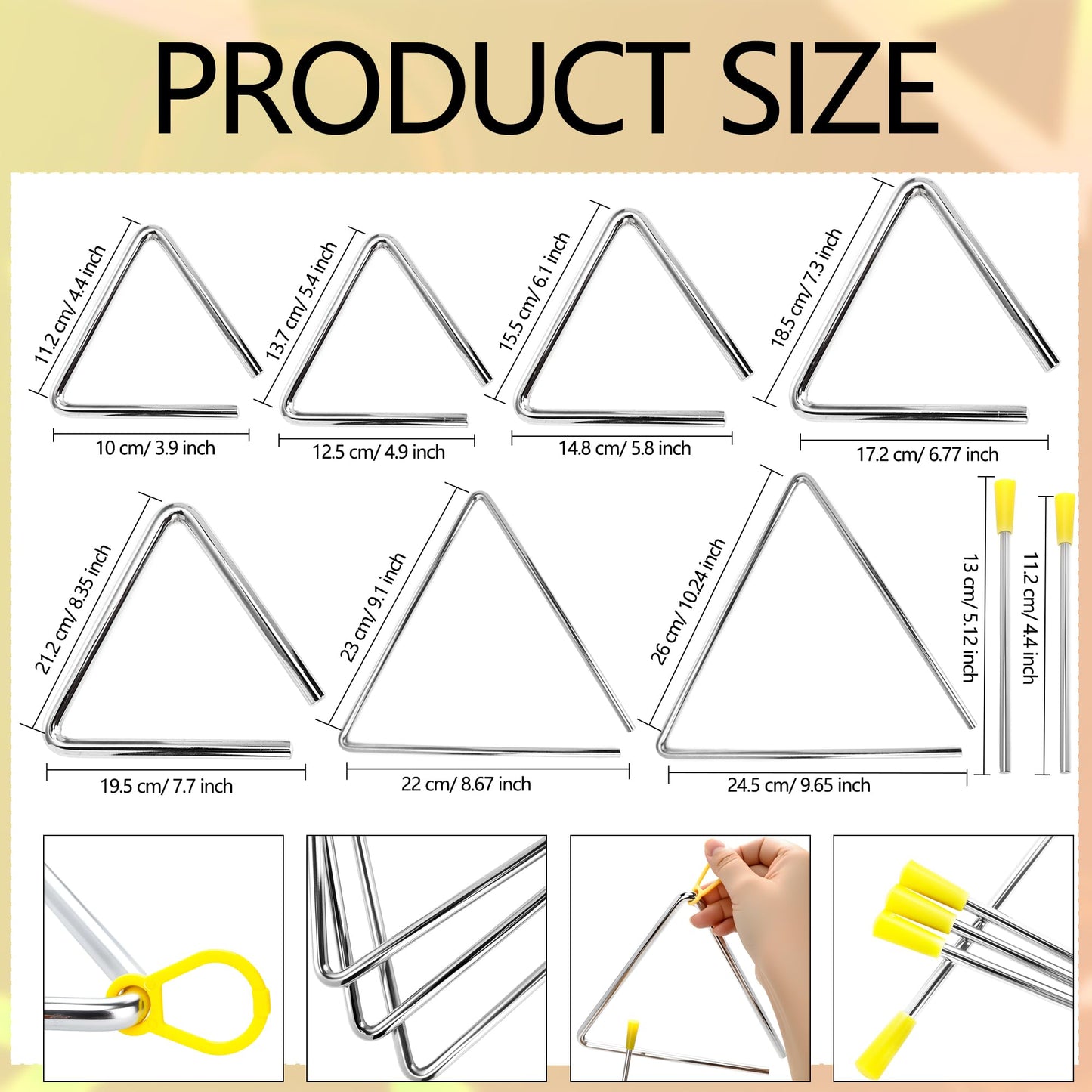 14 Pcs Triangle Percussion Instrument Set 4 5 6 7 8 9 10 Inch Triangle Musical Instrument with Striker Steel Hand Triangles for Kids Adults Rhythm Music Learning and Teaching