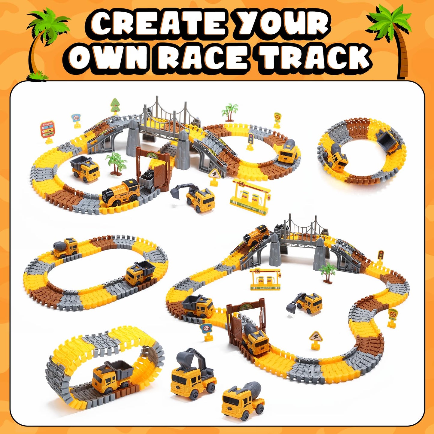 Construction Toys Race Track Set 178 PCS for Kids, Flexible Train Tracks with 1 Electric Train, Excavator,Cement Truck,Loading Truck Engineering Vehicle Playset,Gifts for 3 4 5 6 Year Old Boys Girls