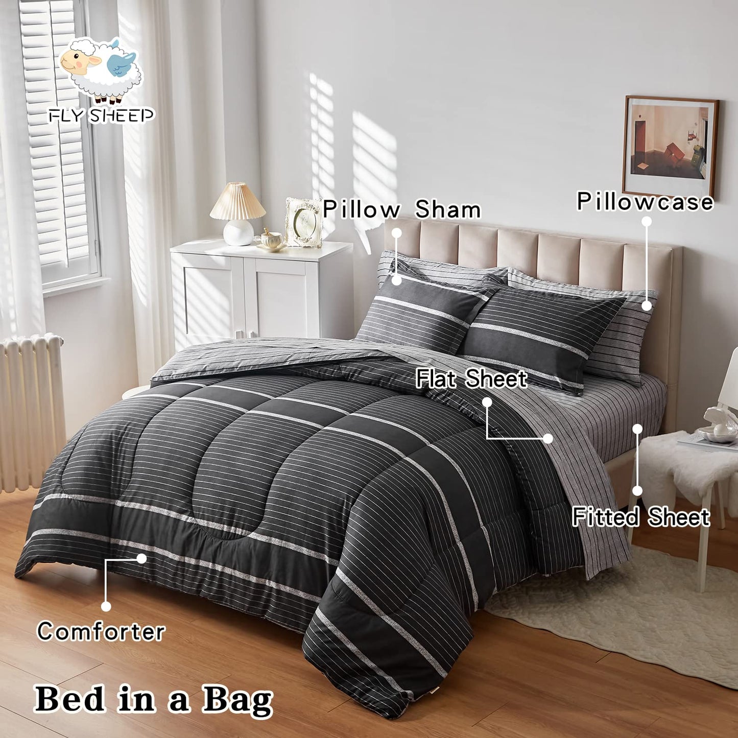 FlySheep Boho Bed in a Bag 7 Pieces Queen Size, White Striped on Black Dark Gray Reversible Comforter Set (1 Comforter, 1 Flat Sheet, 1 Fitted Sheet, 2 Pillow Shams, 2 Pillowcases)