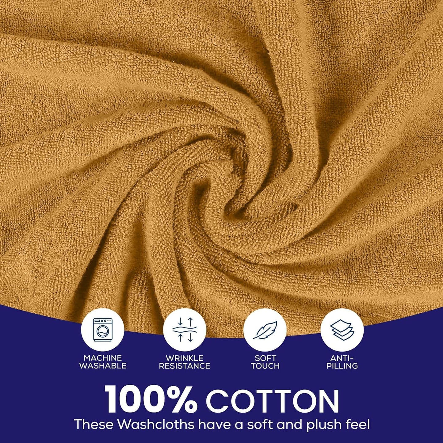 Linteum Textile Supply Linteum Textile Premium Wash Cloths Set - 12x12 Inches (12 Pack) Mustard - 100% Cotton Ring Spun Washcloths, Highly Absorbent & Soft Feel Face Towels for Bathroom, Spa and Gym