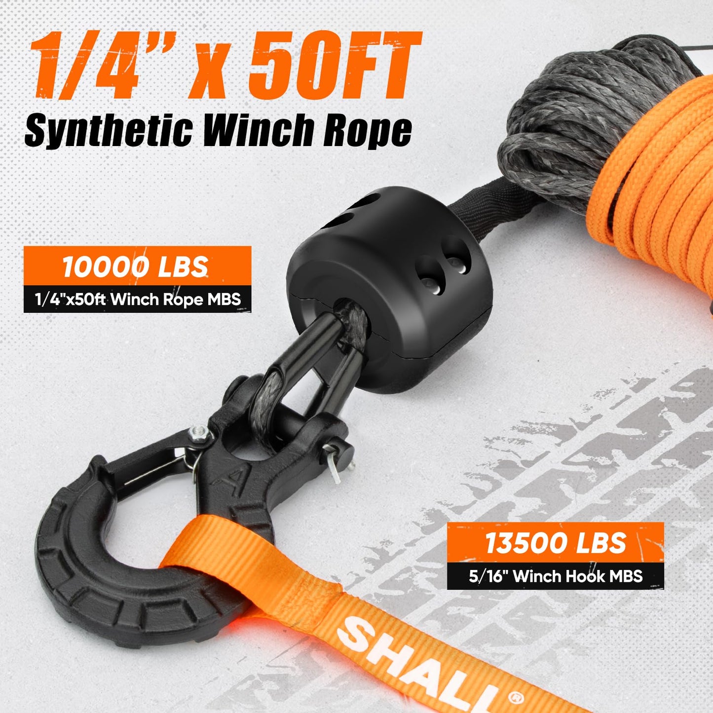 SHALL 1/4 Inch x 50 Feet Synthetic Winch Rope 10,000LBS Winch Line with Protective Sleeve & Forged Winch Hook & Safety Pull Strap for ATV UTV Offroad Vehicle