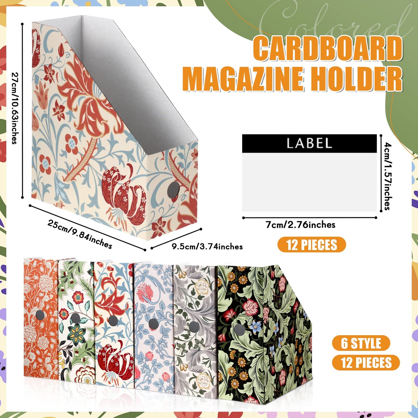 PerKoop 12 Pcs Decorative Magazine File Holders Floral Foldable File Folders Magazine Storage Boxes Rack Desk Organizer Documents with Printable Labels for School Office Home (Floral)