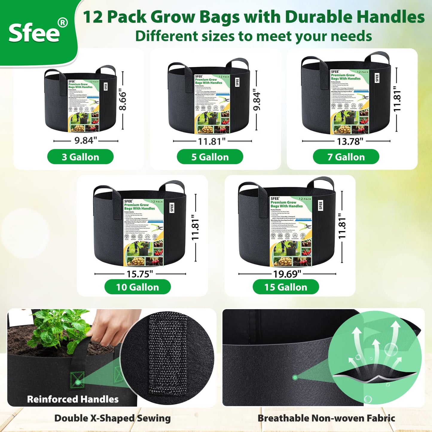 Sfee Grow Bags 12 Pack 7 Gallon Potato Grow Bags, 300G Thickened Nonwoven Fabric Pots with Durable Handles Garden Bags for Vegetable Plants Flower Garlic Fruits+12 Plant Labels+1 Pruning Scissors