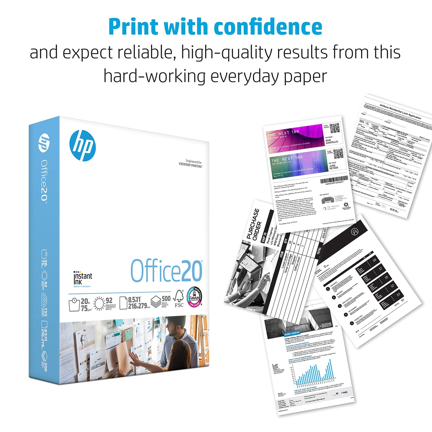 HP Printer Paper 8.5x11 Office 20 lb 5 Ream Case 2500 Sheets 92 Bright Made in USA FSC Certified Copy Paper HP Compatible 112150C