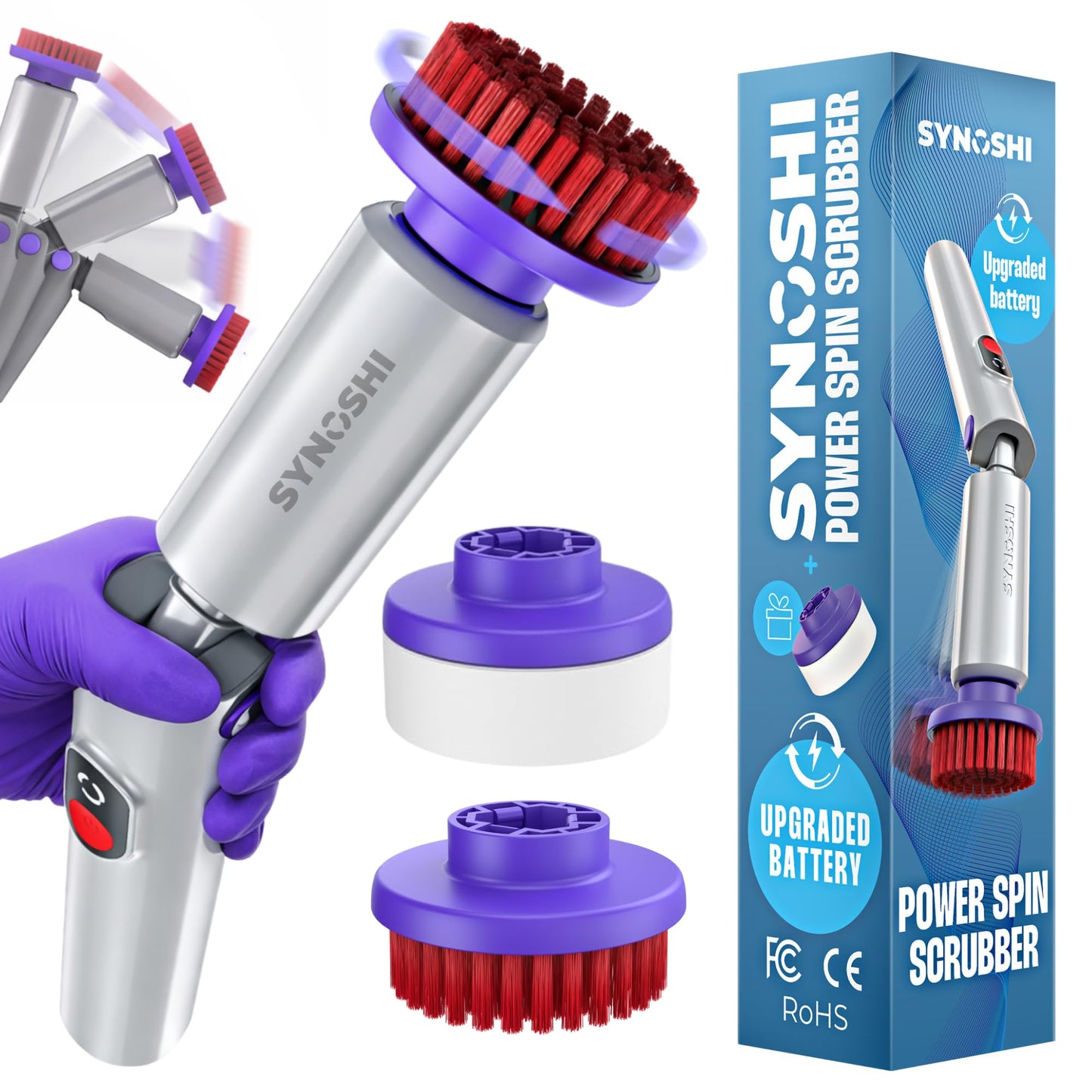 Synoshi PRO Electric Spin Scrubber, Bathroom & Shower Cleaner, Electric Cleaning Brush, Brosse Nettoyage Electrique. Cordless, Waterproof Cleaning Brush, Adjustable Angles, 2 Speed, 180Min Work Time