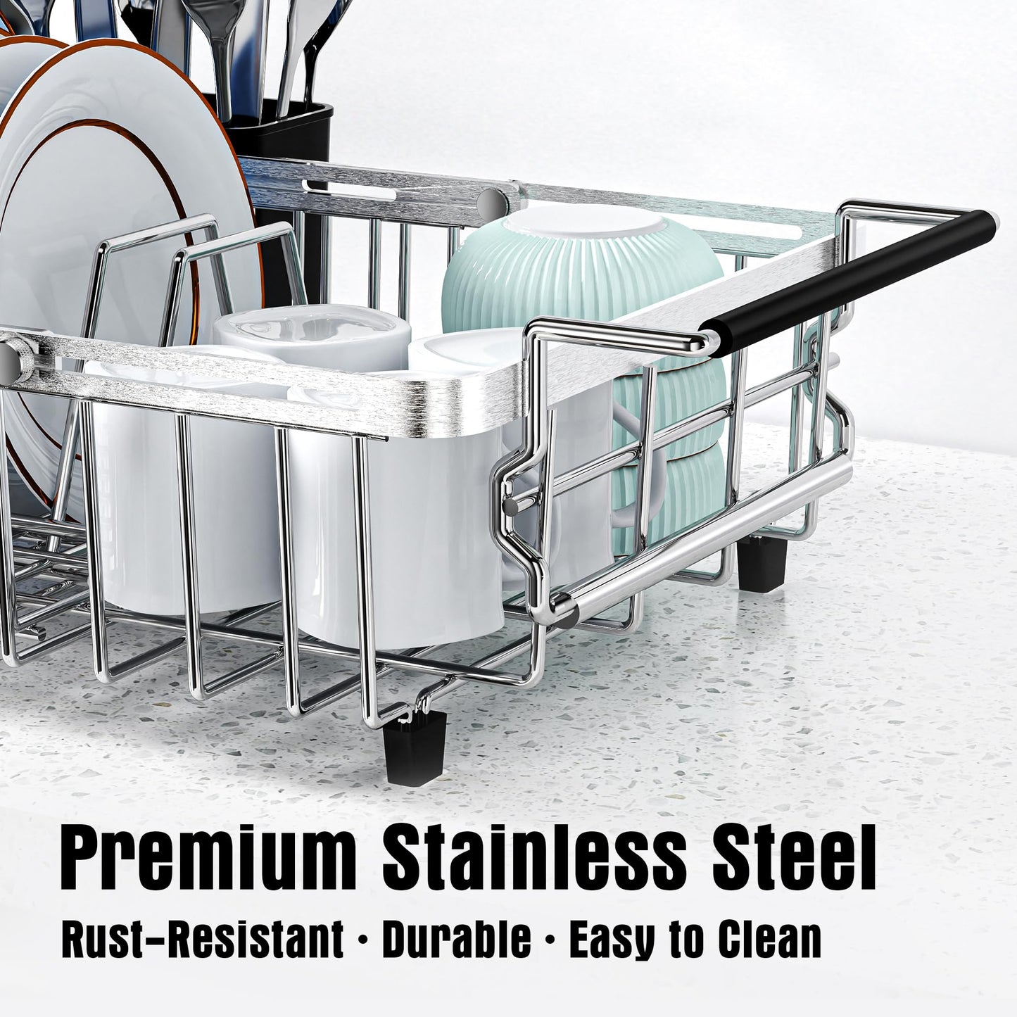 Dolreiik Expandable Dish Drying Rack in Sink,Stainless Steel Over The Sink Dish Drainer Drying Rack for Kitchen Counter,with Utensil Holder,Silver