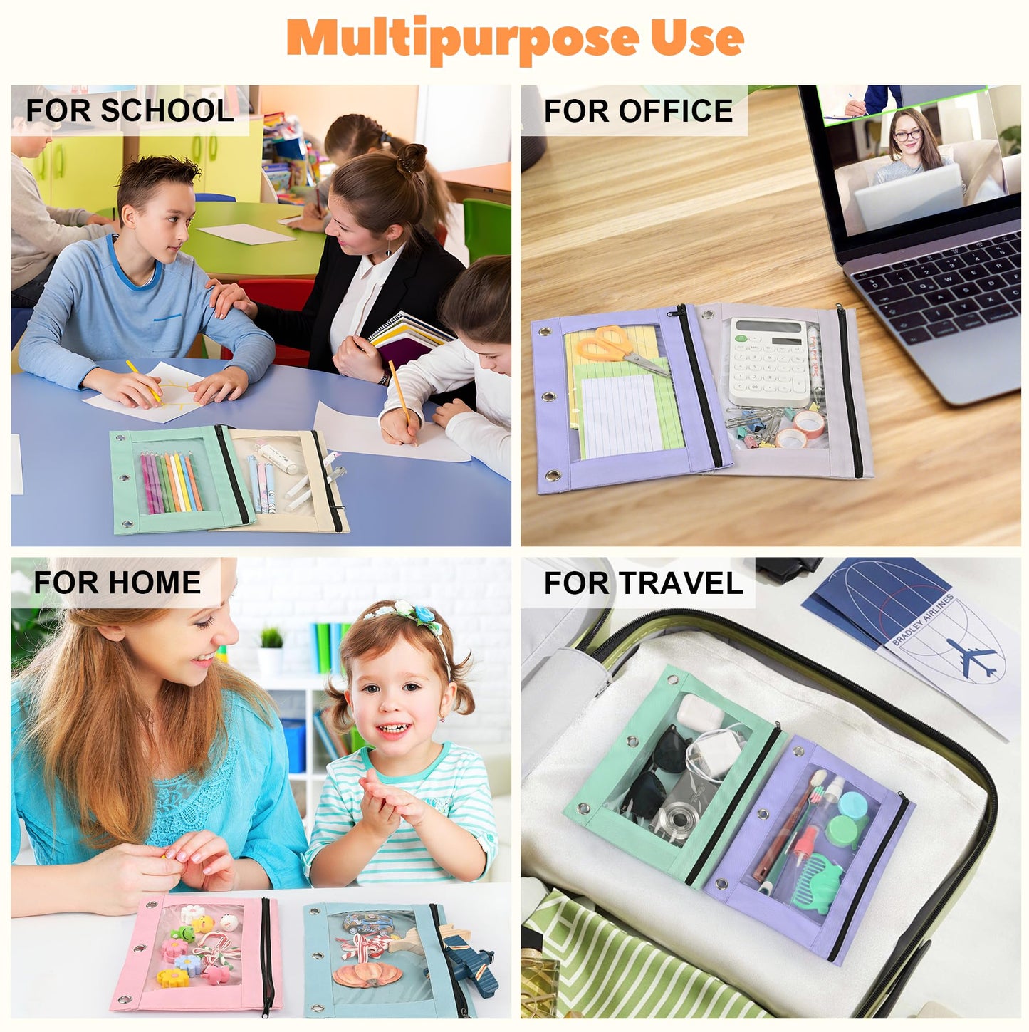 Lanpn 3 Ring Binder Pouch Bulk 36 Pack, Pencil Case with Binder Holes, Aesthetic Pencils Pouches, Zipper Pen Bags Holder for Kids Boy Girl School Student Storage, Clear Window & Reinforced Grommets