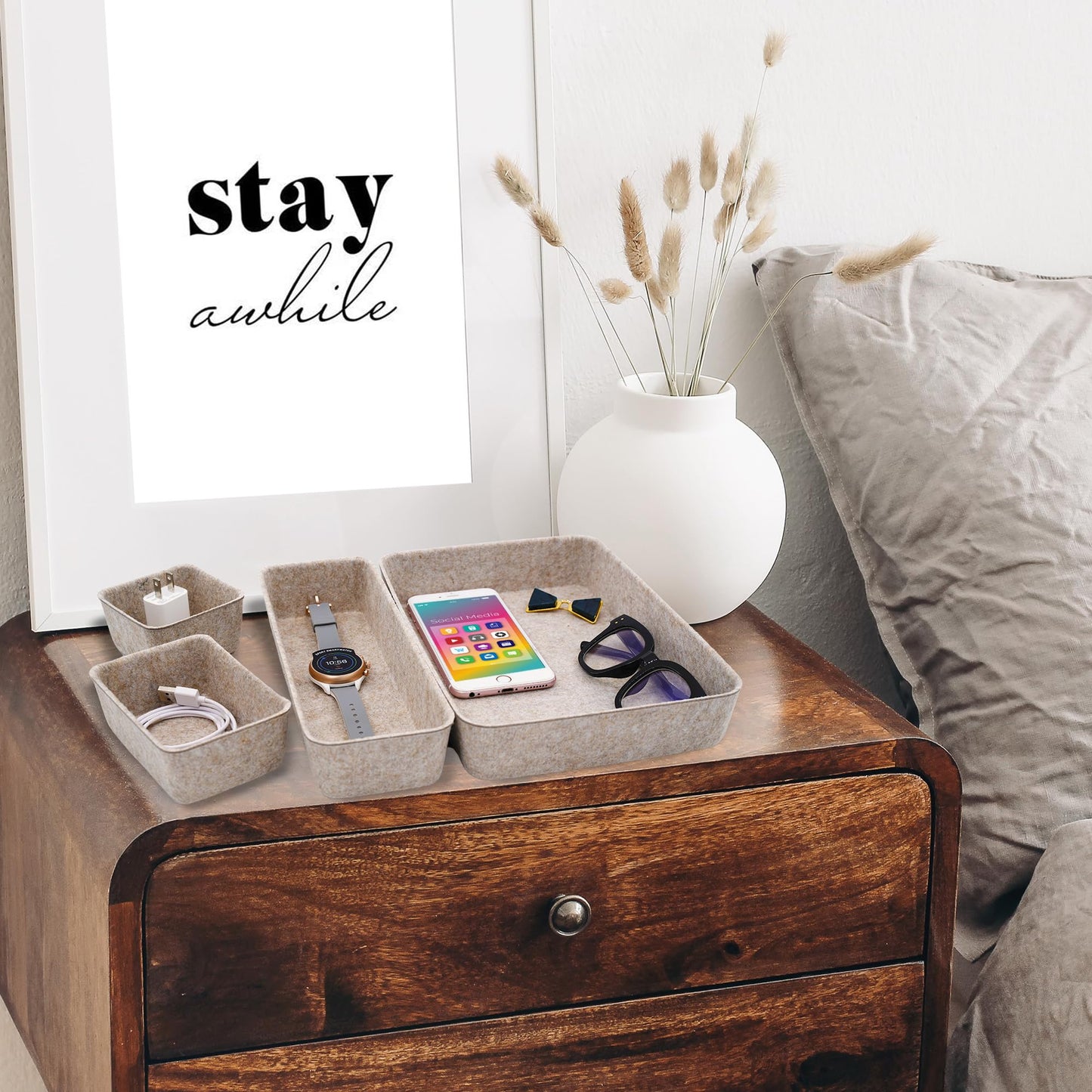 Welaxy 8-piece Nordic Beige desk drawer organizer tray office suppliers pens decluttering aesthetic wabi-sabi Scandinavian-chic storage bin hygge sleek minimalist fall gift (Oatmeal)