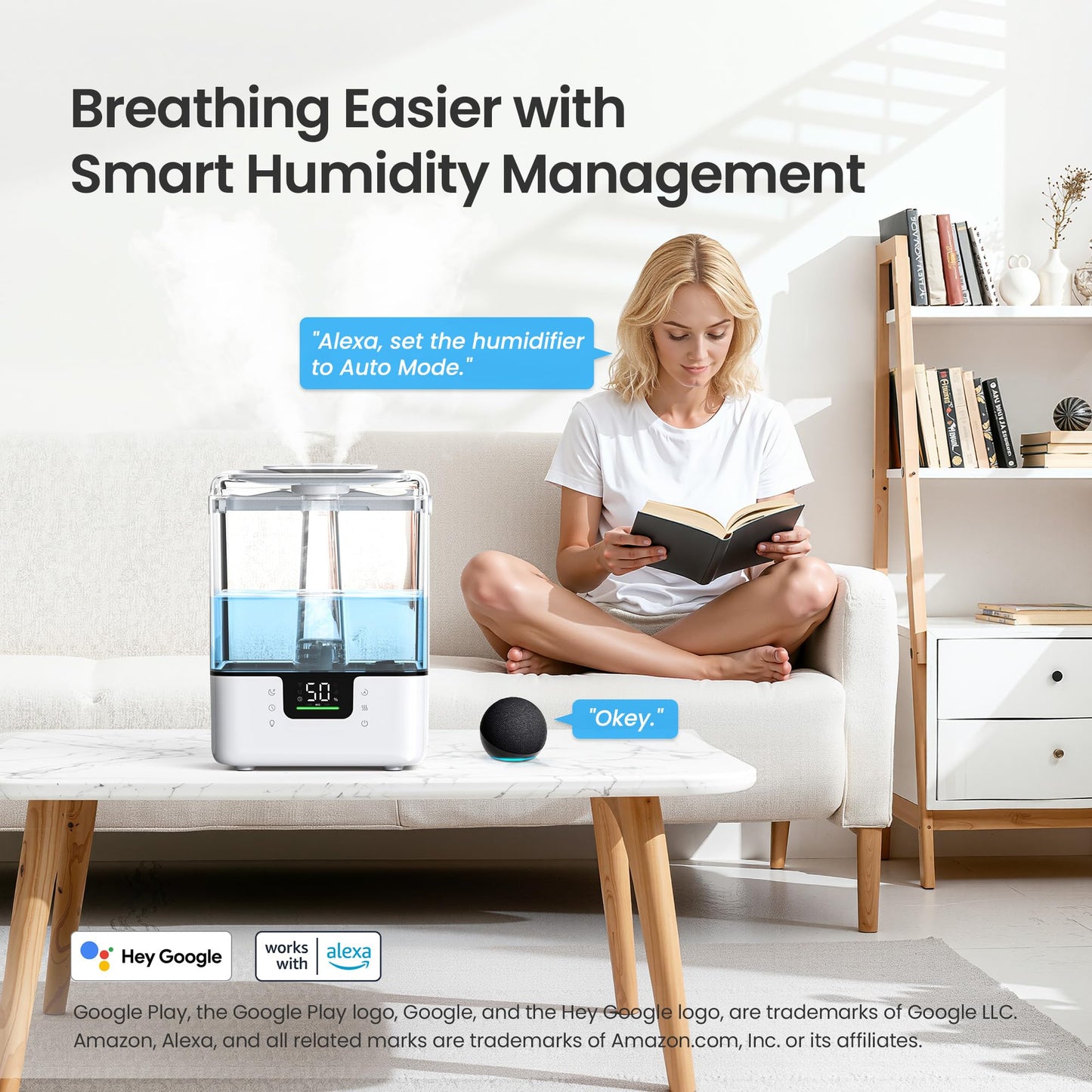 MERONTE Smart Humidifiers for Bedroom Home, 6L Cool Mist Top Fill Humidifier Large Room with Essential Oil Diffuser, Touch/APP/Voice Control, NightLight Humidifiers for Nursery & Plants (White, 1Pack)