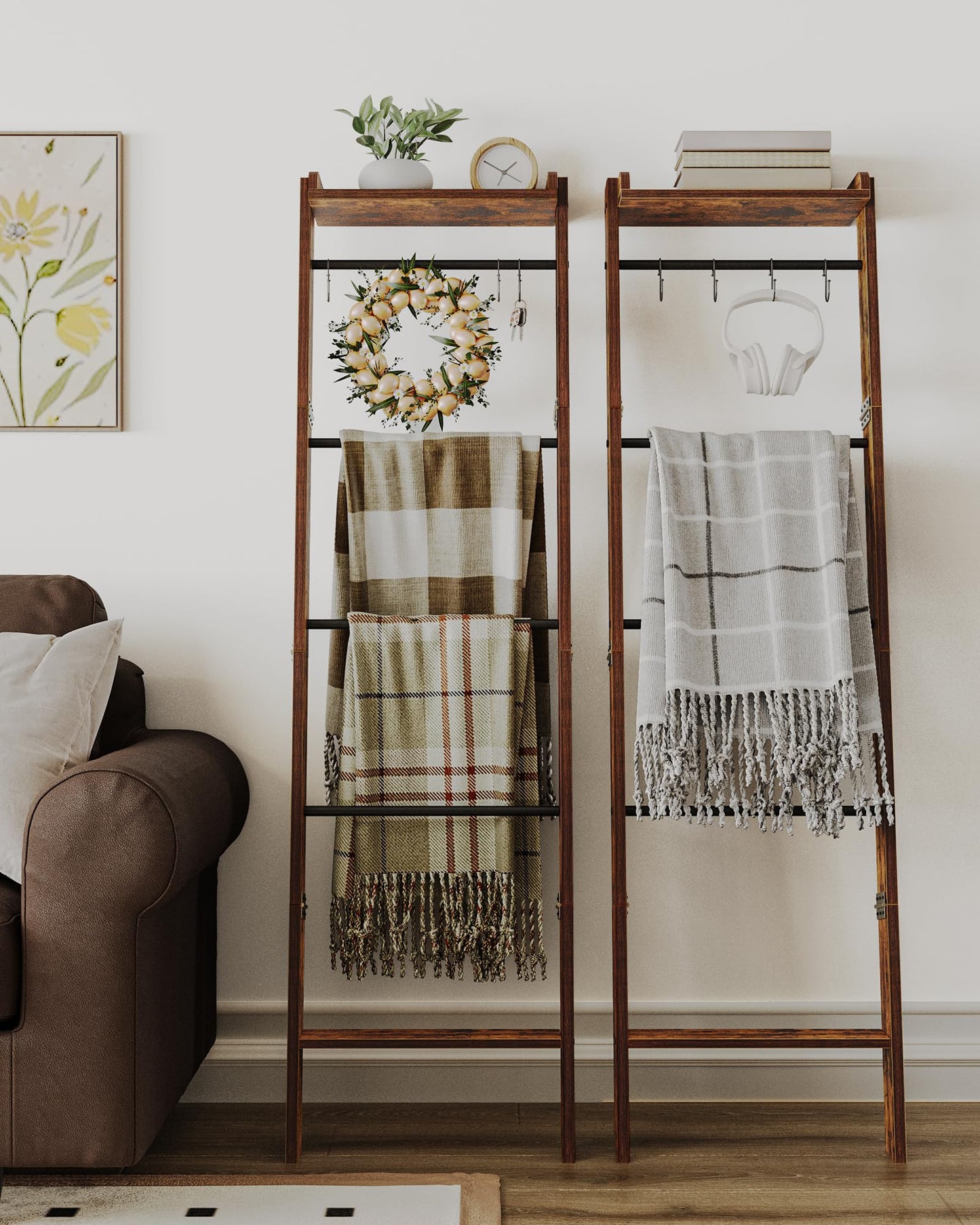 Hzuaneri Blanket Ladder Shelf for Living Room, Decorative Quilt Rack with Storage Shelf, 6-Tier Farmhouse Towel Rack, Ladder Holder Organizer with 4 Removable Hooks for Bedroom, Rustic Brown BR35801B