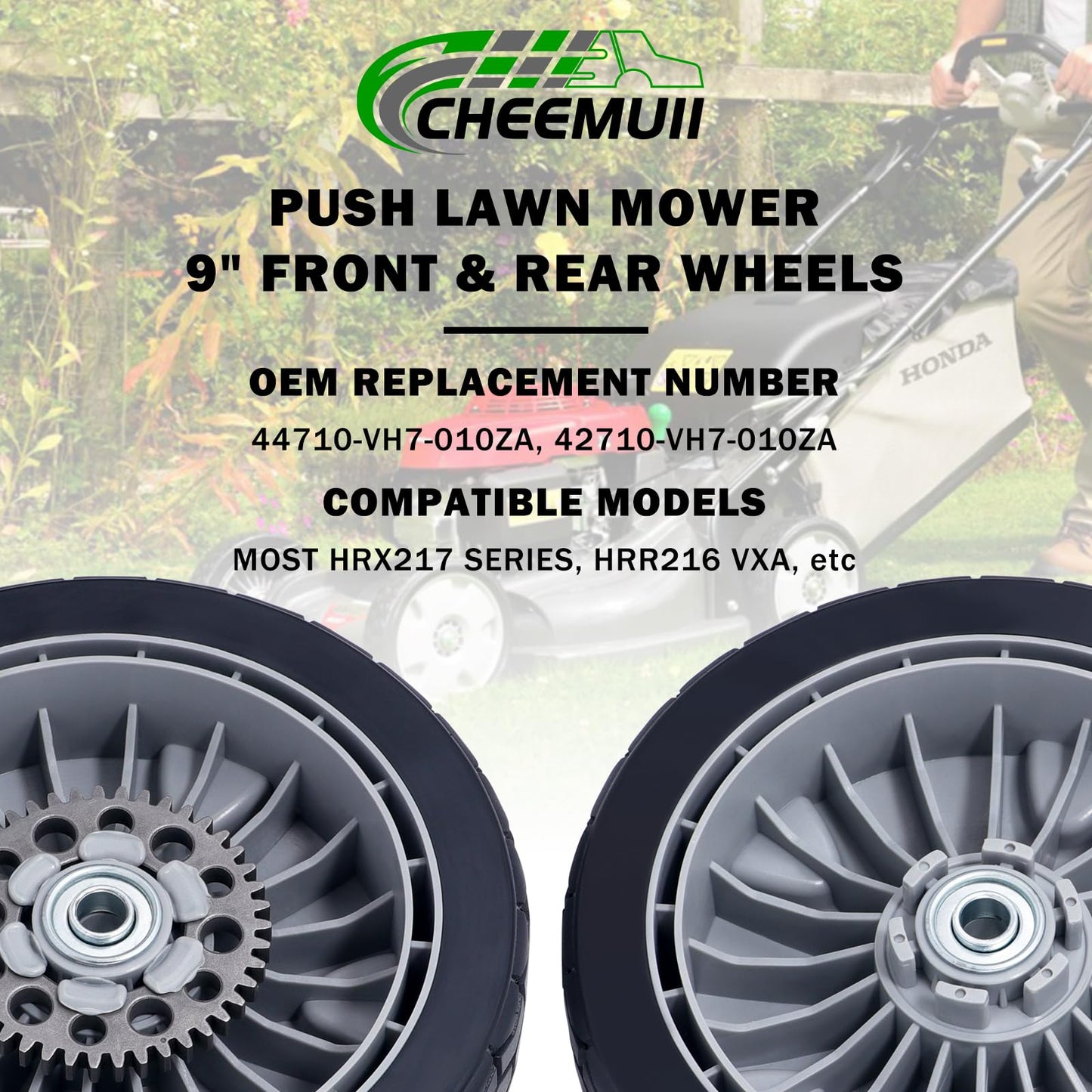 CheeMuii 4 Pcs 9" Lawn Mower Wheels Kit 2 Rear Wheels Replace for 42710-VH7-010ZA and 2 Front Wheels Replace for 44710-VH7-010ZA Fit for Honda HRX217 HRR216 Lawnmowers