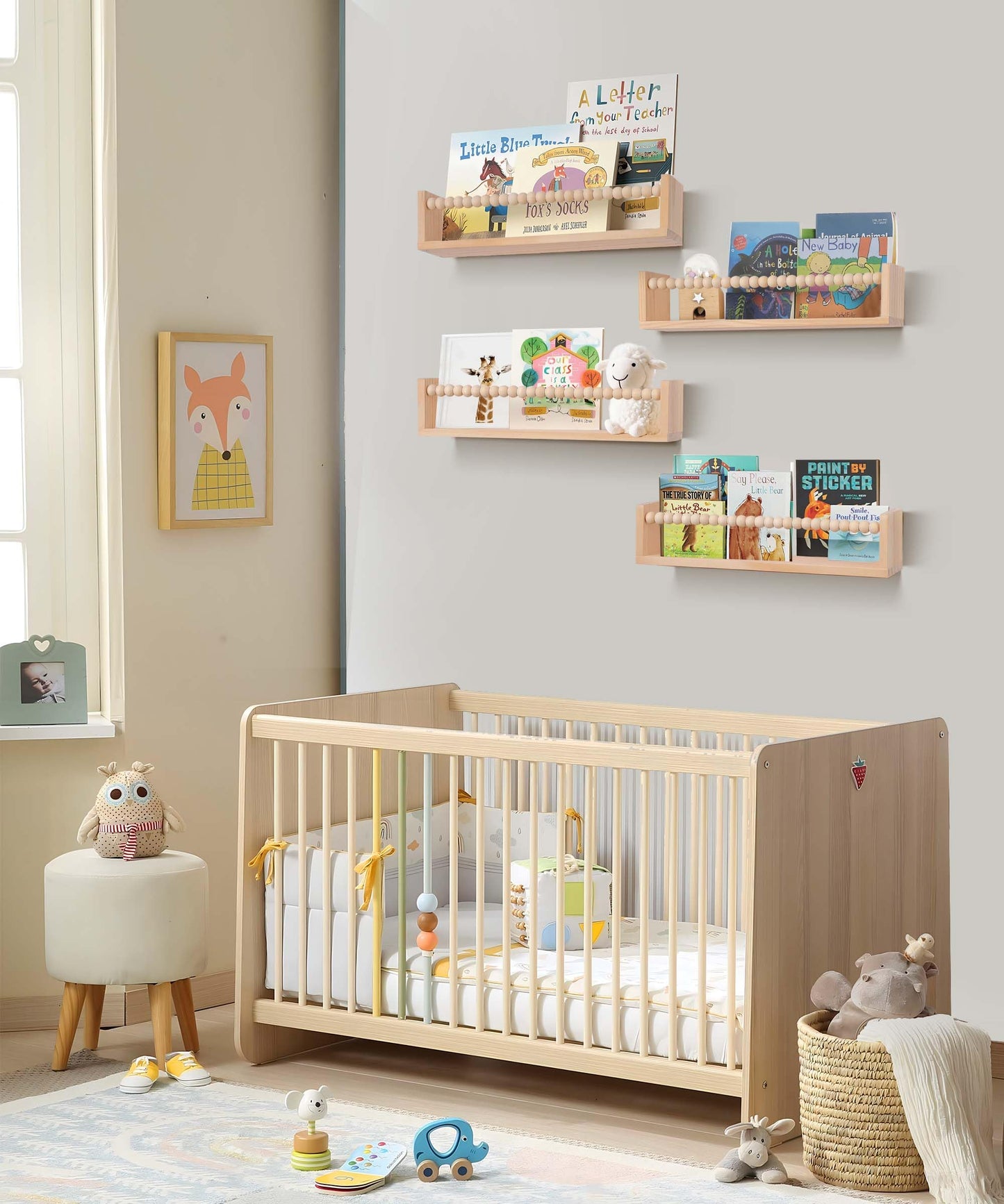 birola Nursery Book Shelves Set of 4,Wood Floating Nursery Shelves for Wall,Wall Bookshelves for Kids(Set of 4 Natural)
