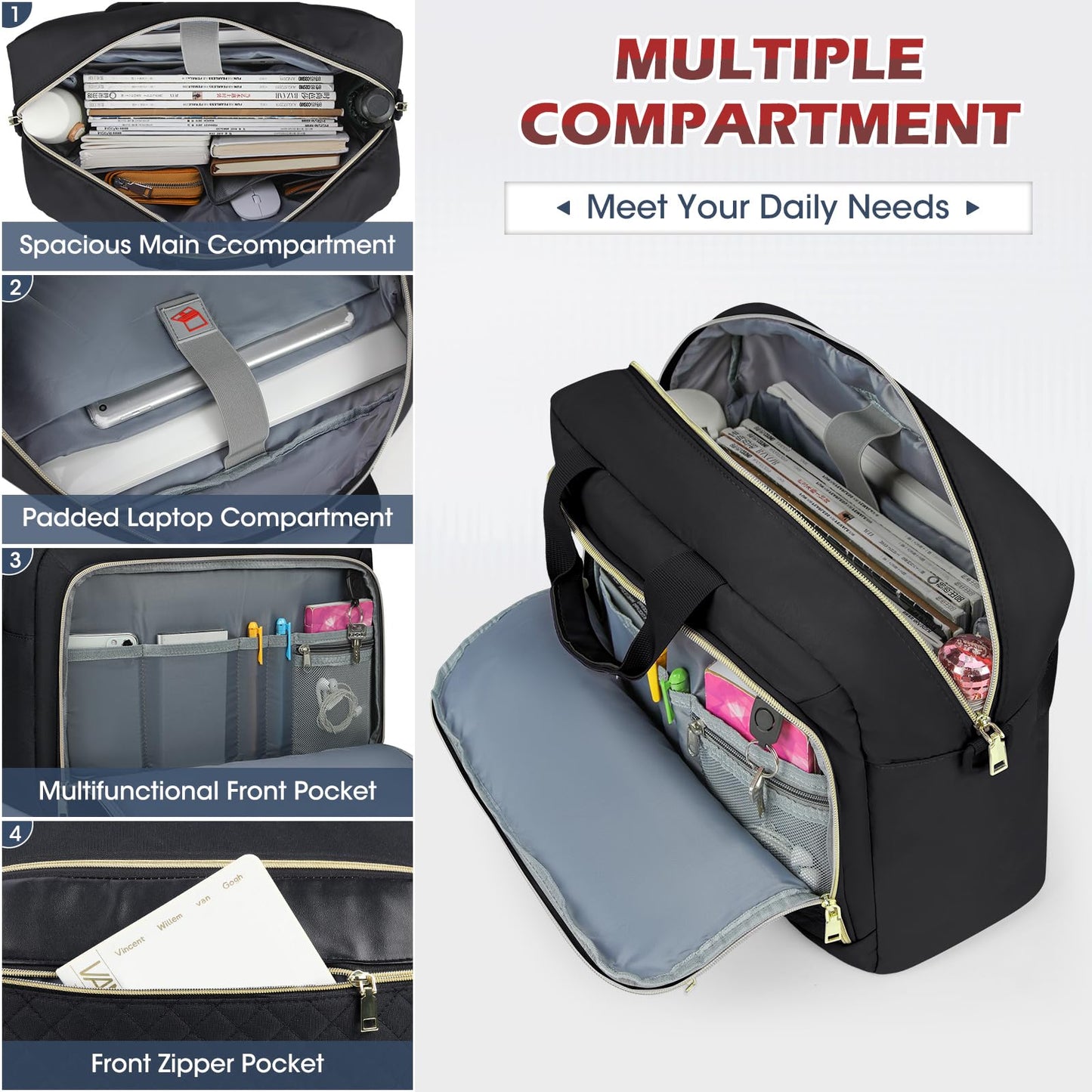 Laptop Bag 17.3 Inch Large Laptop Briefcase for Women Men Waterproof Shoulder Messenger Bag Padded Carry On Laptop Case Professional Computer Bag for Business Office Work College, Black