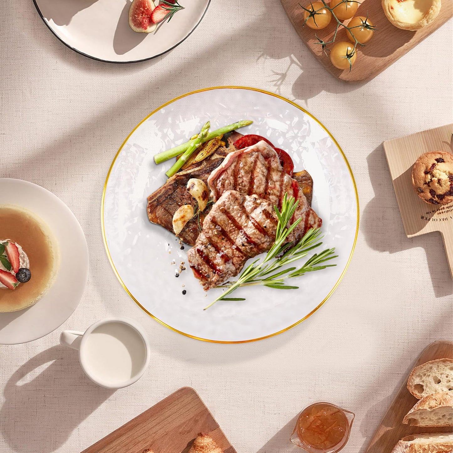 100 Pcs Hammered Plastic Plates with Gold Rim, Clear Plastic Plate 50 Disposable Heavy Duty 10 Inch Dinner Plates 50 Round 7 Inch Dessert Salad Plate for Party Wedding