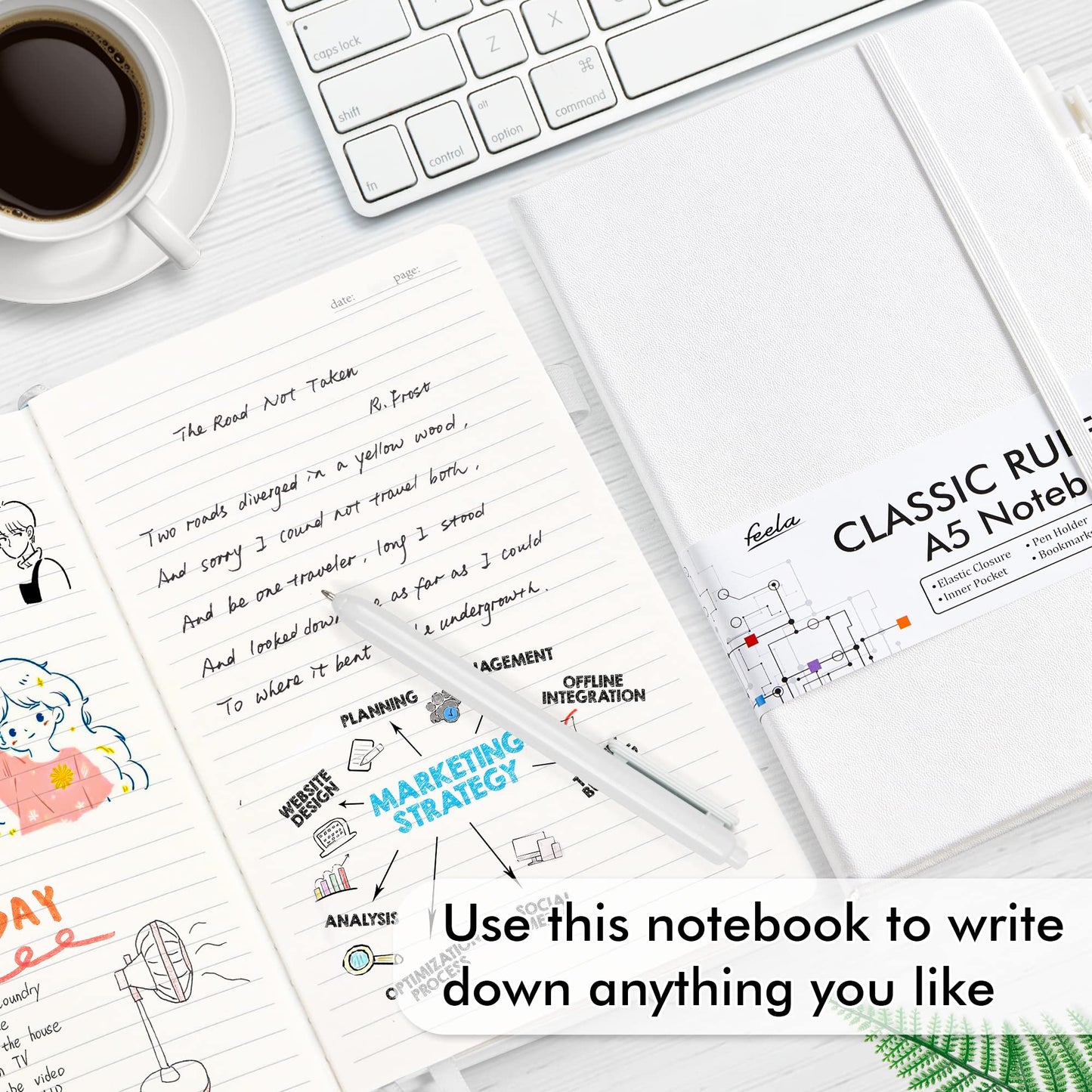 feela 12 Pack Notebooks Journals Bulk, Hardcover Notebook Classic Ruled Lined Journals with Pen Holder for Women Girls School Business Supplies, with 12 Black Pens, 120 GSM, 5.1”x8.3”, A5, White