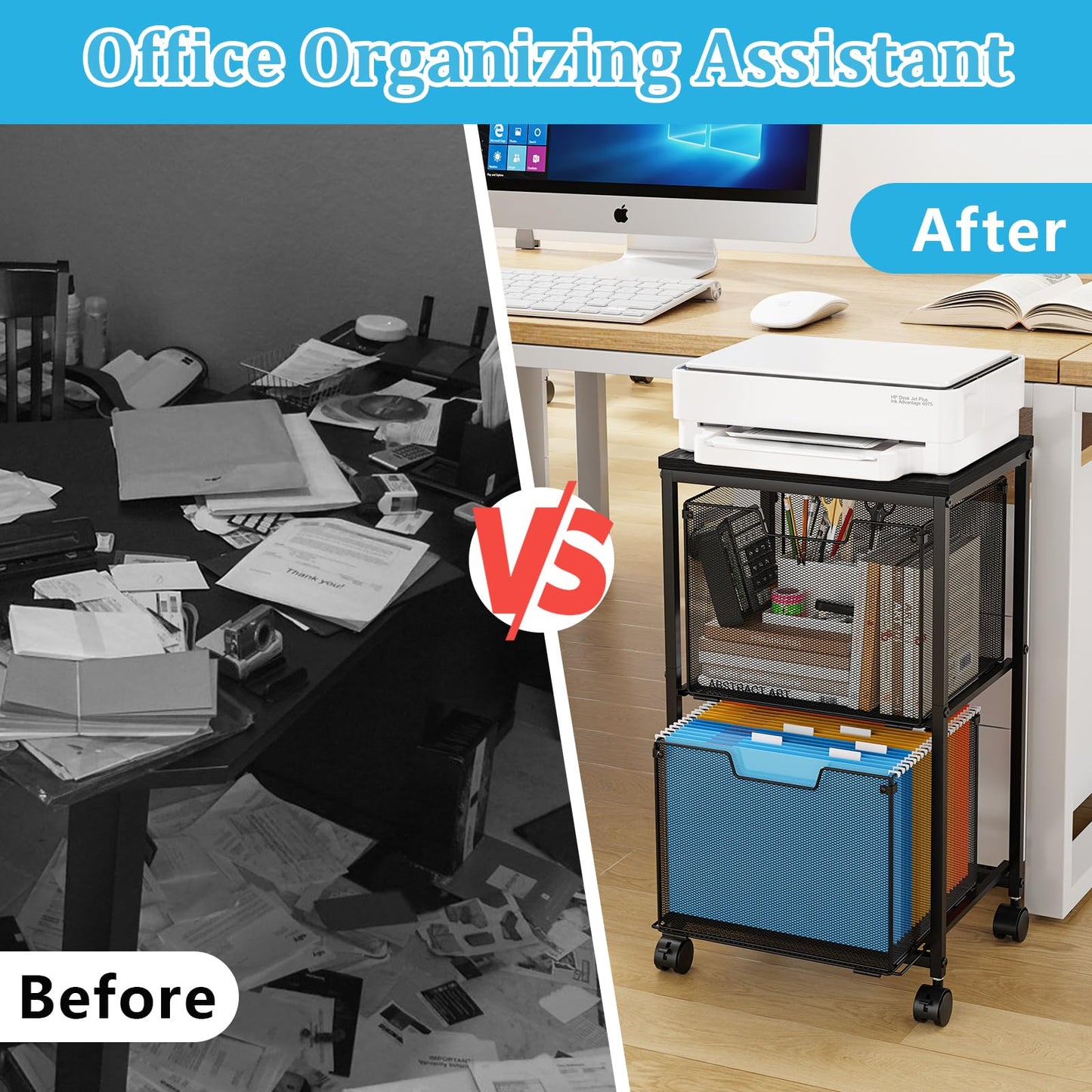 Sbanmao Rolling File Cart with 2 Storage Drawers, File Cabinet with Wheels, Hanging File Folder Organizer, Under Desk Storage, Printer Stand Utility Cart Filing Cabinet for Home Office,Black