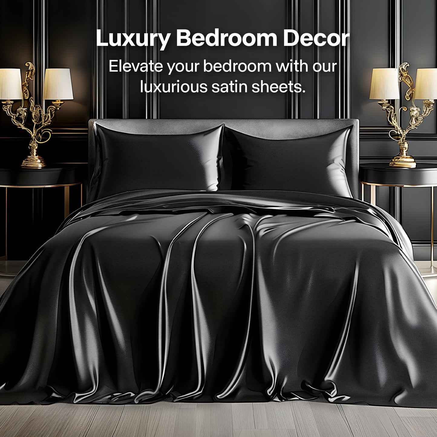 BEDELITE Satin Sheets Queen Size Bed Set, Luxury Soft Black Silk Sheets for Hair and Skin, Similar to Silk Bed Sheets Set 4 Pieces with 1 Deep Pocket Fitted Sheet, 1 Flat Sheet, and 2 Pillowcases