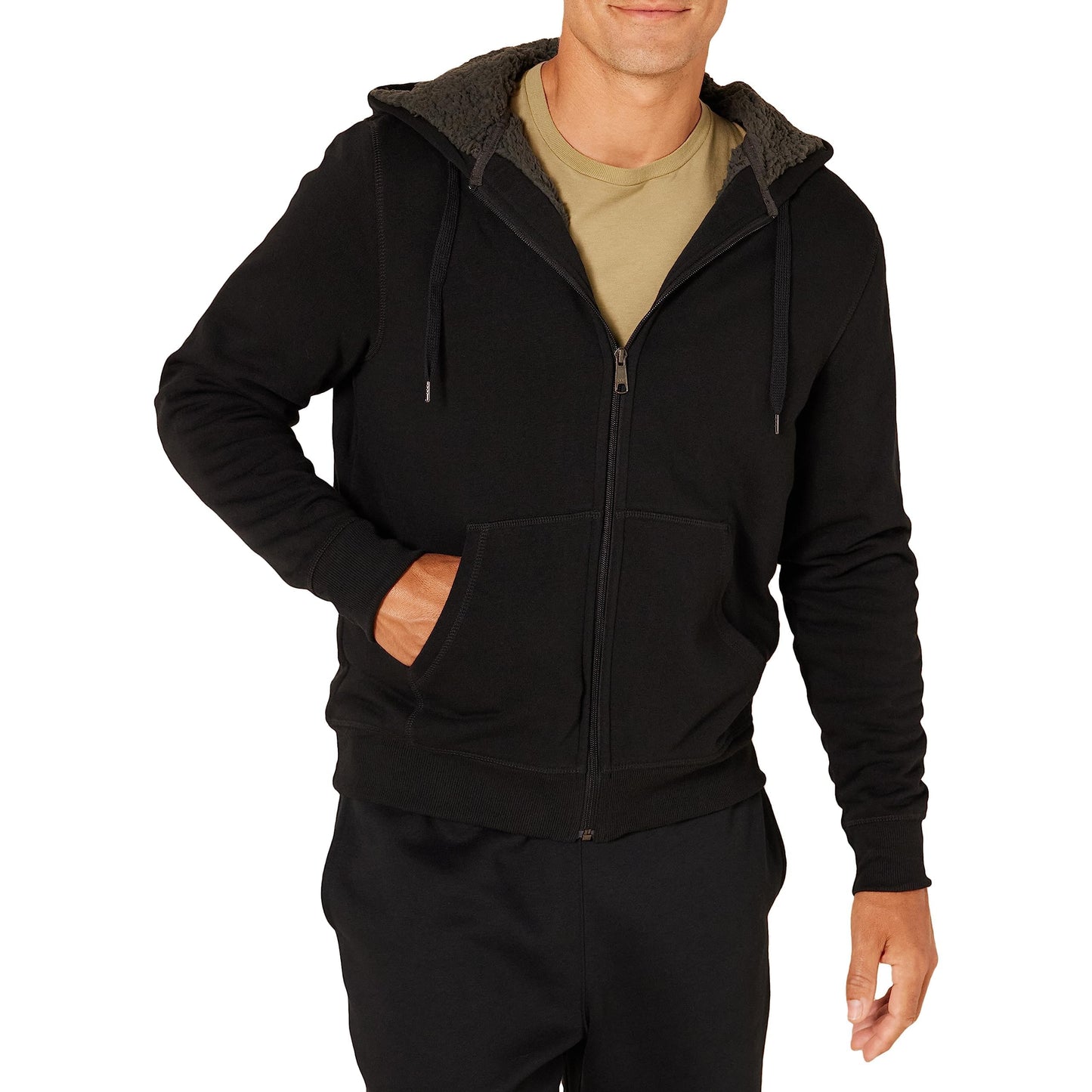 Amazon Essentials Men's Sherpa Lined Full-Zip Hooded Fleece Sweatshirt, Black, Large