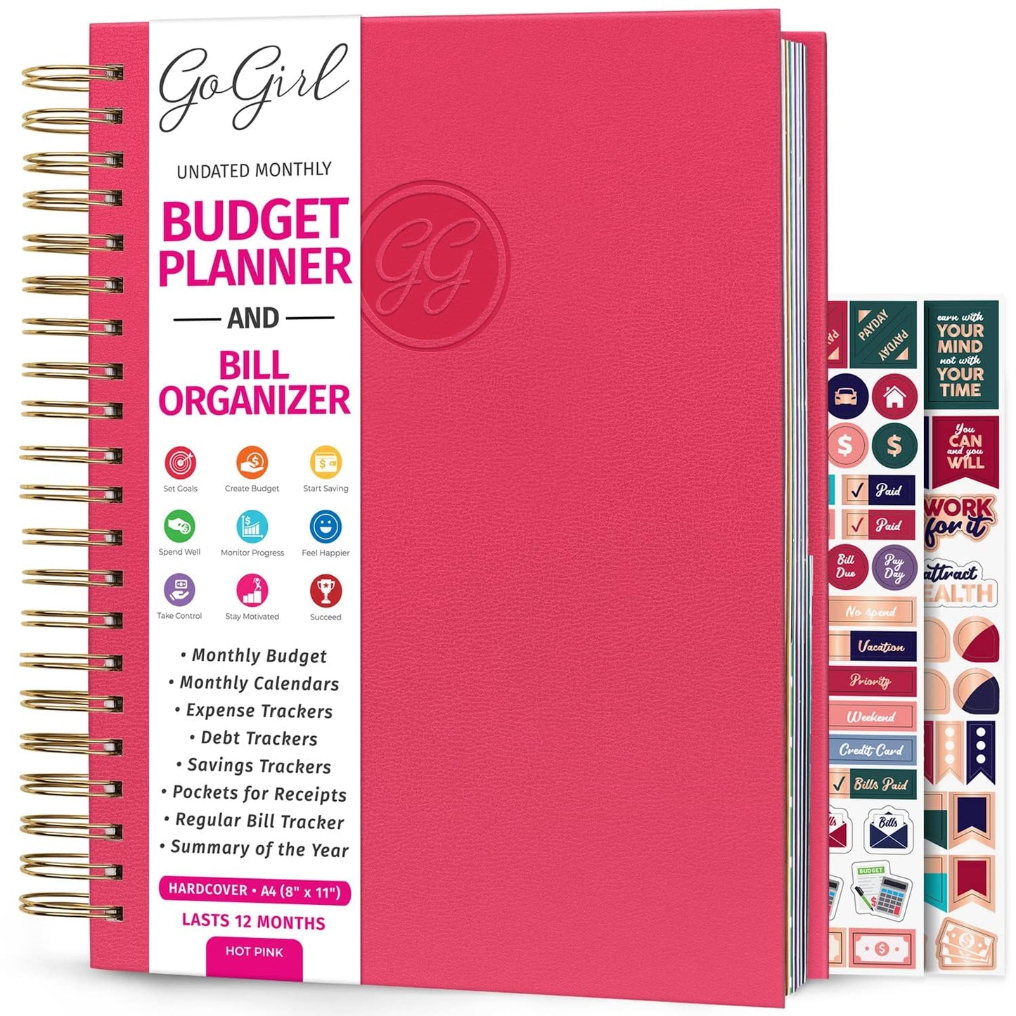 GoGirl Budget Planner & Monthly Bill Organizer – Monthly Financial Book with Pockets. Expense Tracker Notebook Journal to Control Your Money, A4-sized Spiral-bound Hardcover, Lasts 1 year – Hot Pink