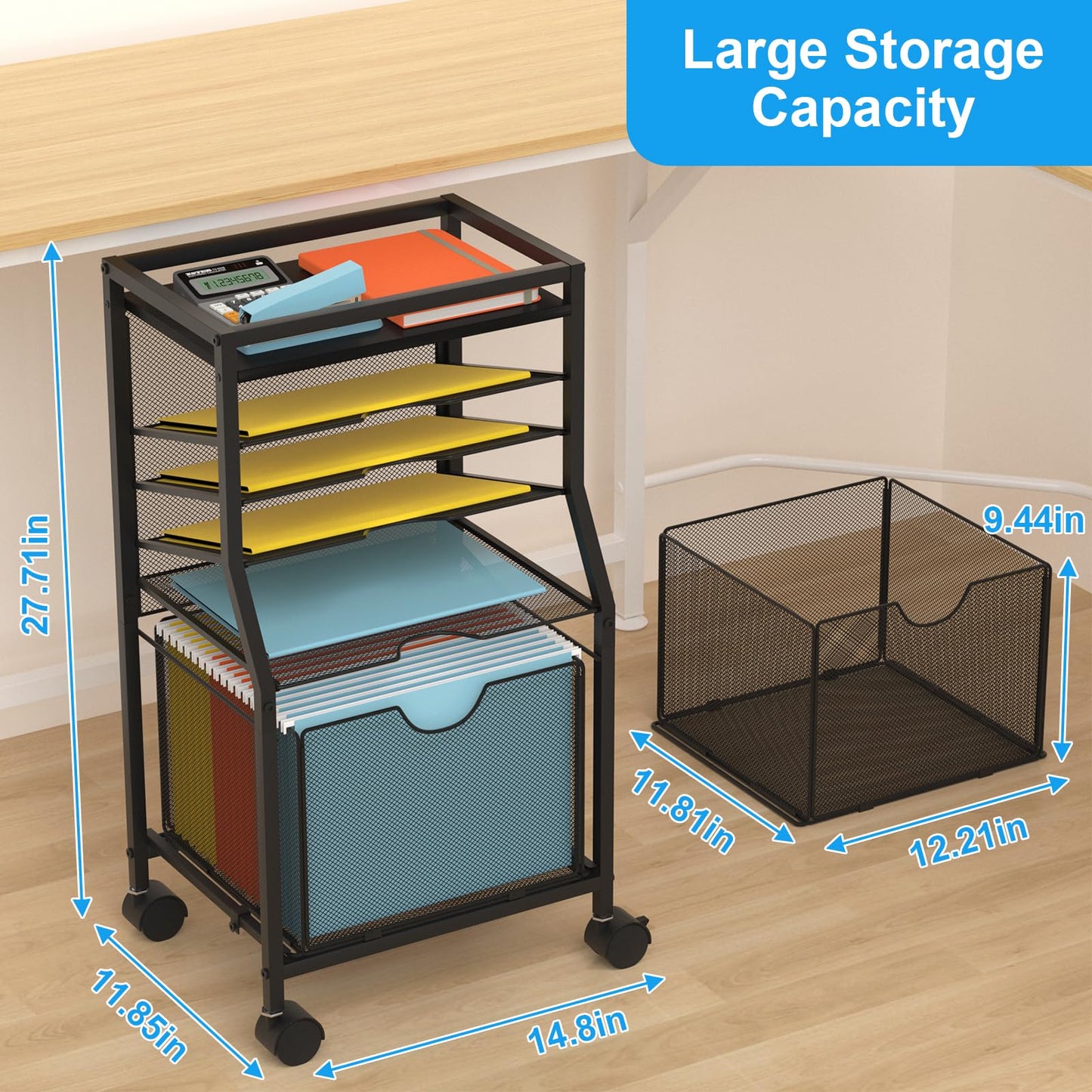 BOHDK Rolling File Cart, 6-Tier Under Desk Organizer on Lockable Wheels, Black Wood Planks & Mesh File Cart with Sliding Drawer and Paper Trays for Office Home School, Black Board