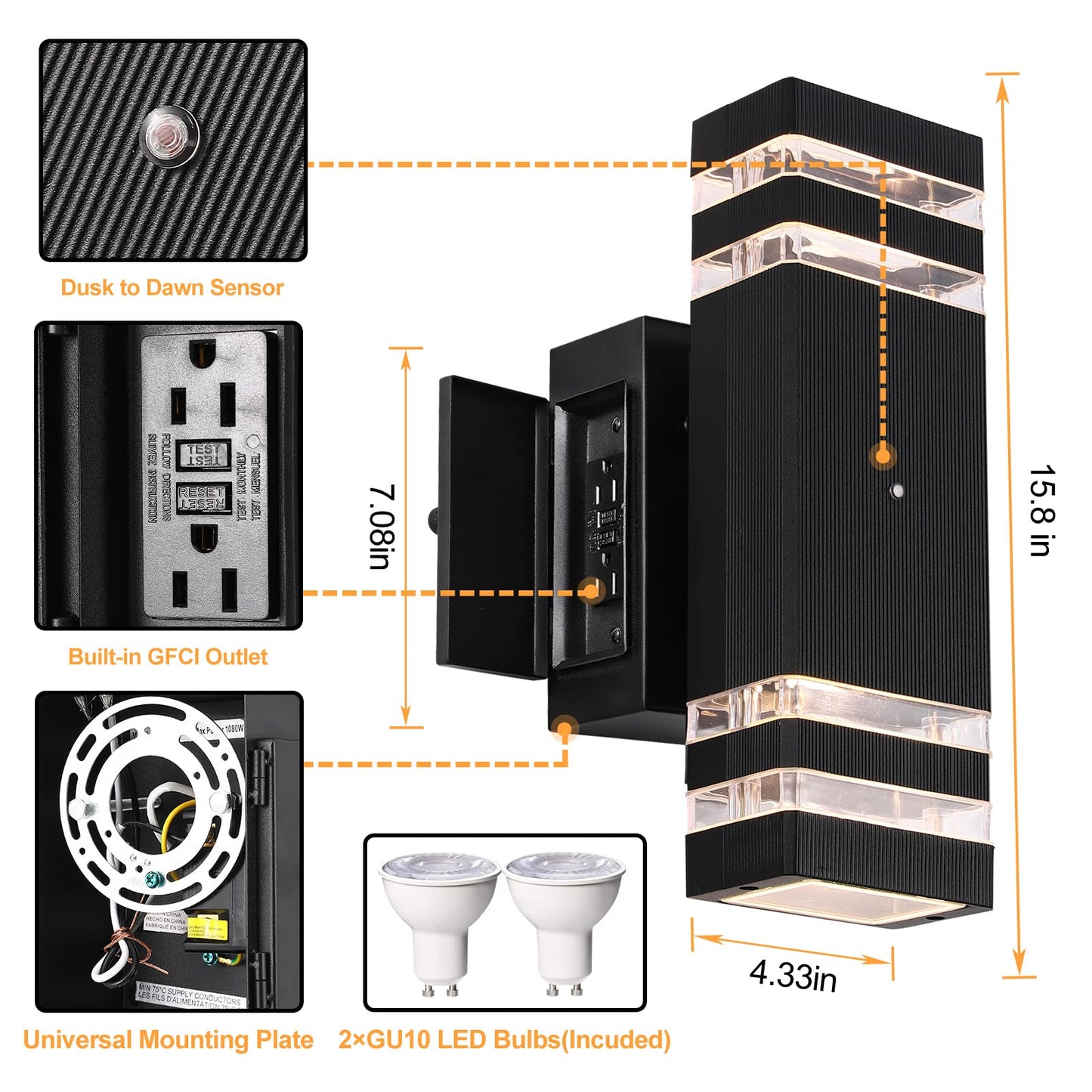 TEBLAMPUE Porch Lights with GFCI Outlet 2 Pack, Dusk to Dawn Outdoor Lights with Outlet, IP65 Waterproof Anti-Rust Exterior Light Fixture Outside Wall Sconce for House Porch Garage Front Door