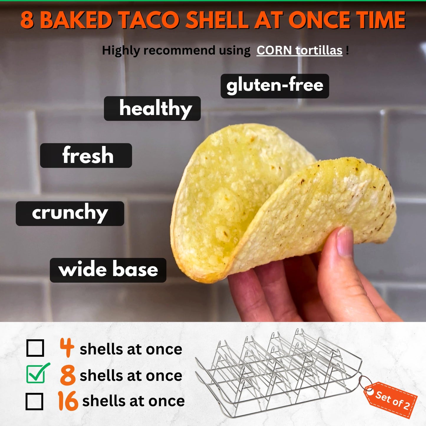 Taco Shell Mold for Oven - No Frying No Waste No Mess, Perfect For Corn Tortillas Up To 6 Inch, Homemade Wider Bases Hard Tacos - Fresh Wholesome Gluten-Free, 8 Baked Crunchy Shells At Once - Set of 2
